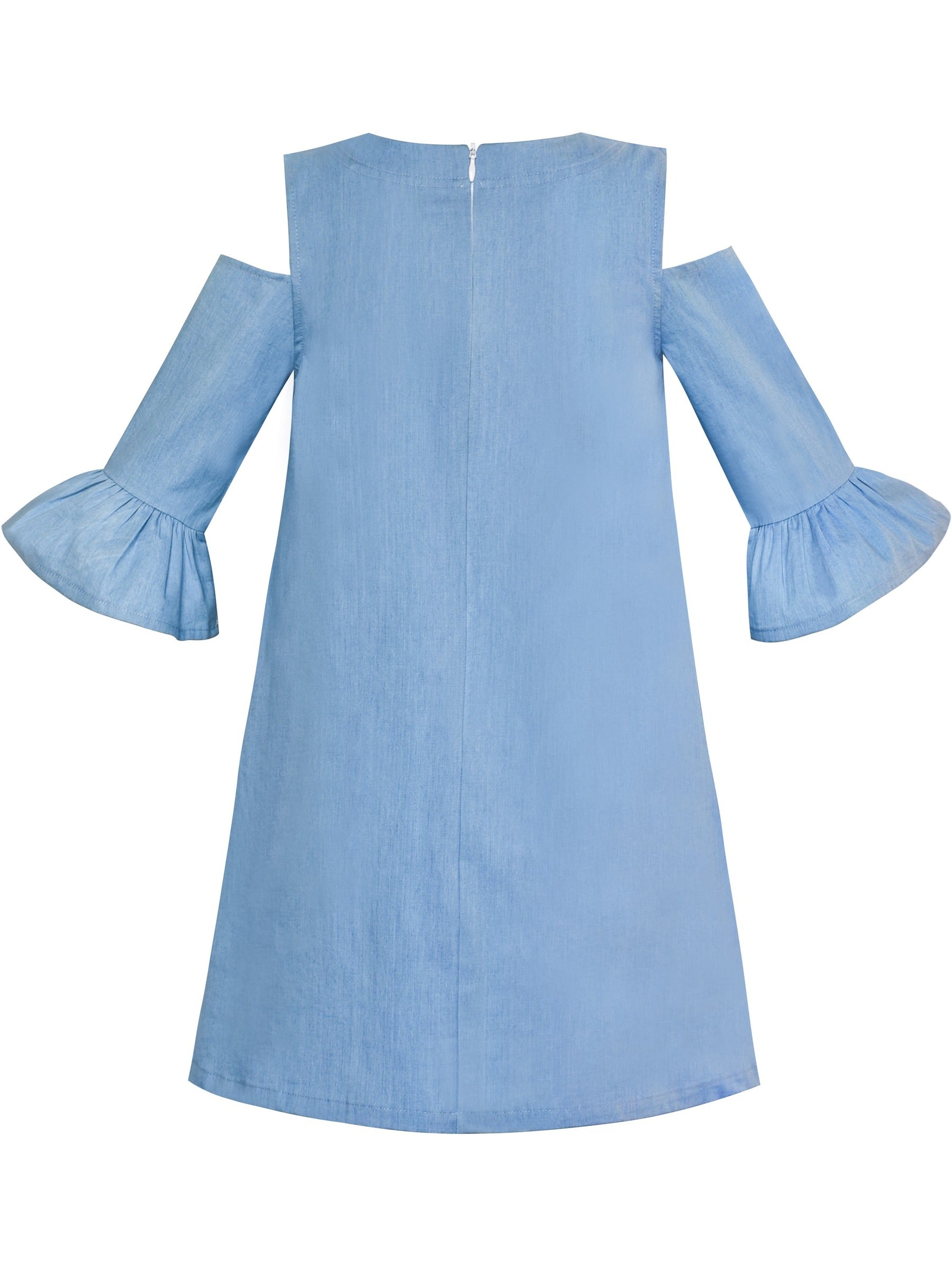Girls Cold Shoulder Dress Denim Blue Cowboy 3/4 Sleeve Blue