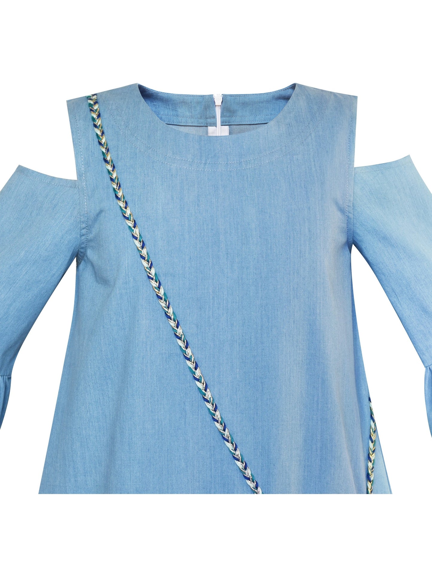 Girls Cold Shoulder Dress Denim Blue Cowboy 3/4 Sleeve Blue