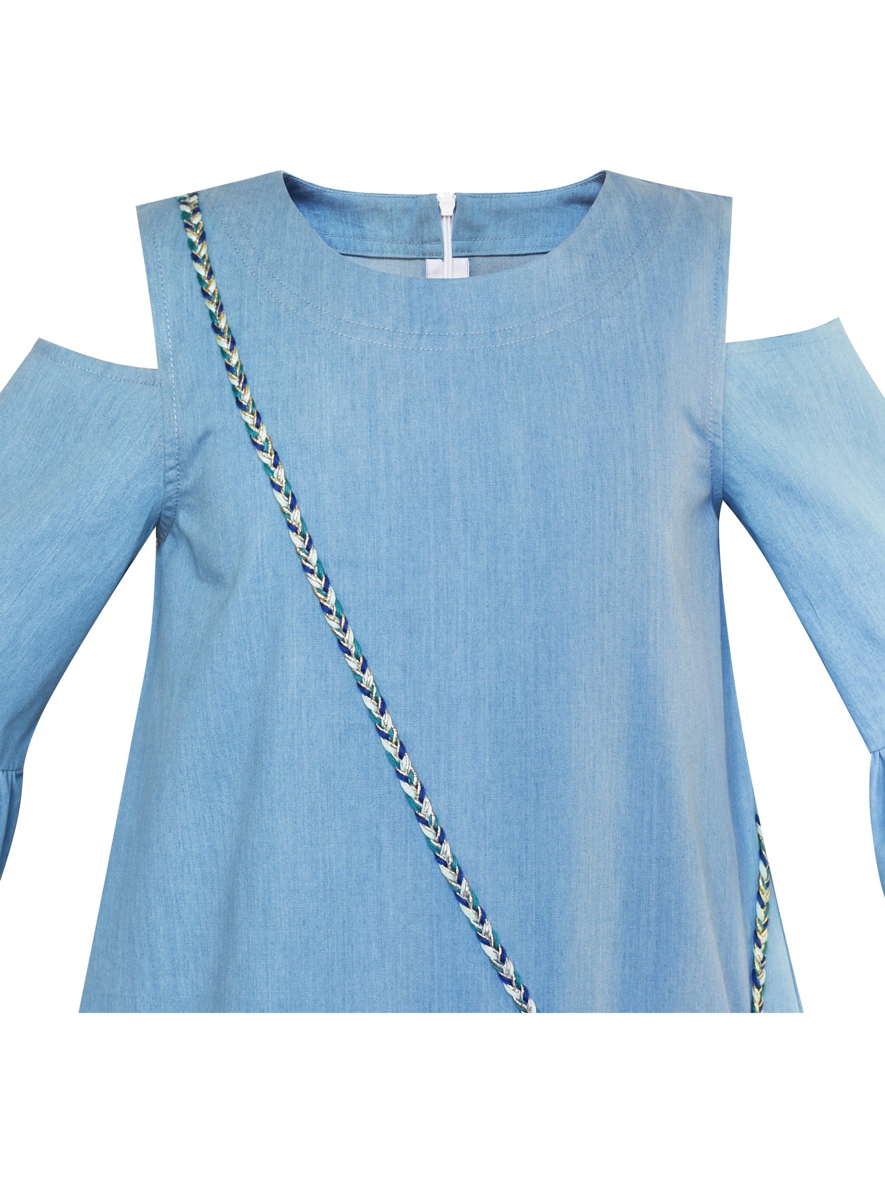 Girls Cold Shoulder Dress Denim Blue Cowboy 3/4 Sleeve Blue