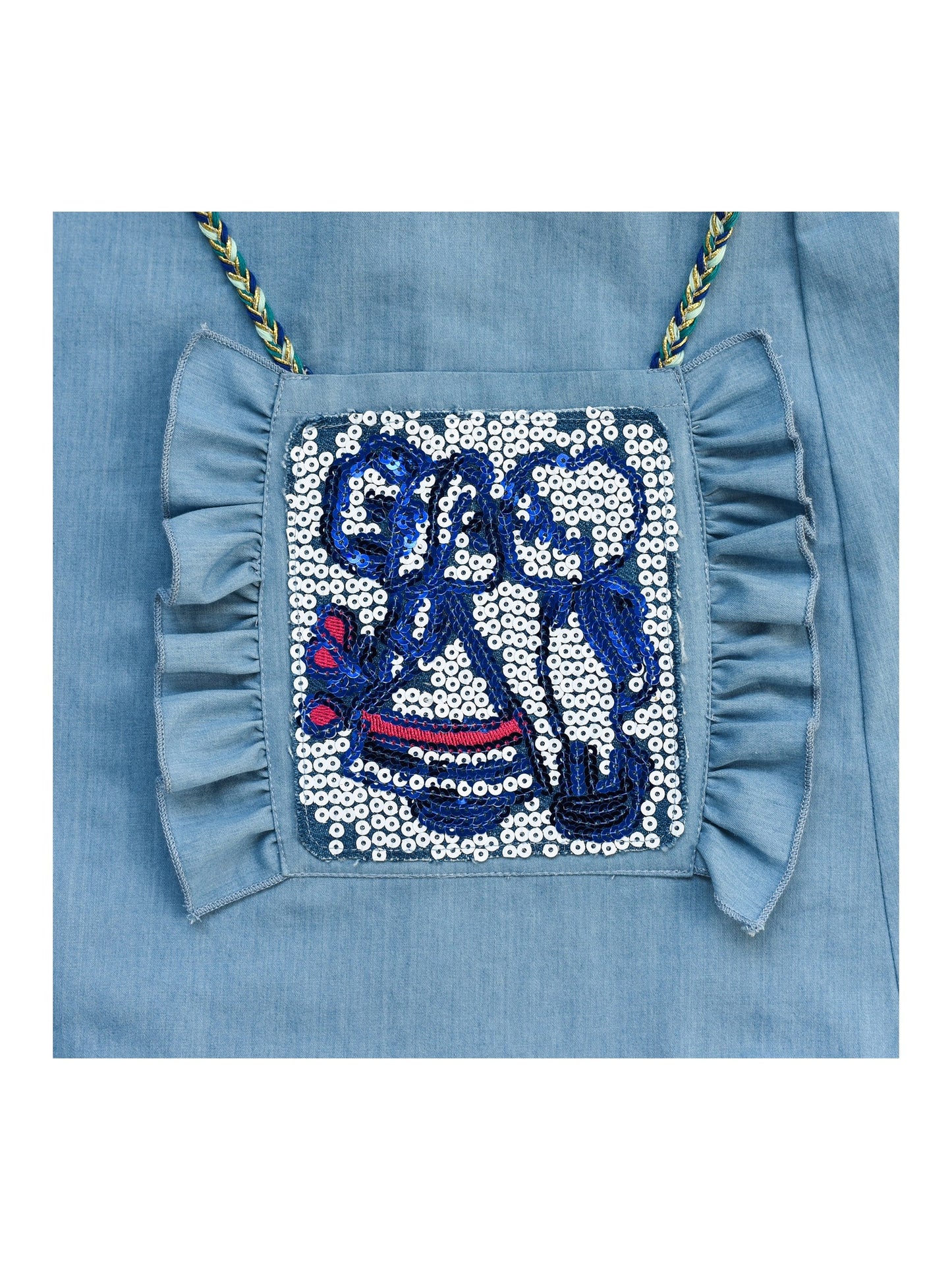 Girls Cold Shoulder Dress Denim Blue Cowboy 3/4 Sleeve Blue