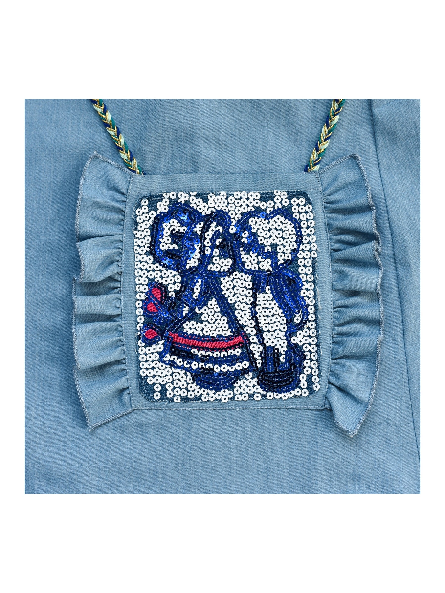 Girls Cold Shoulder Dress Denim Blue Cowboy 3/4 Sleeve Blue