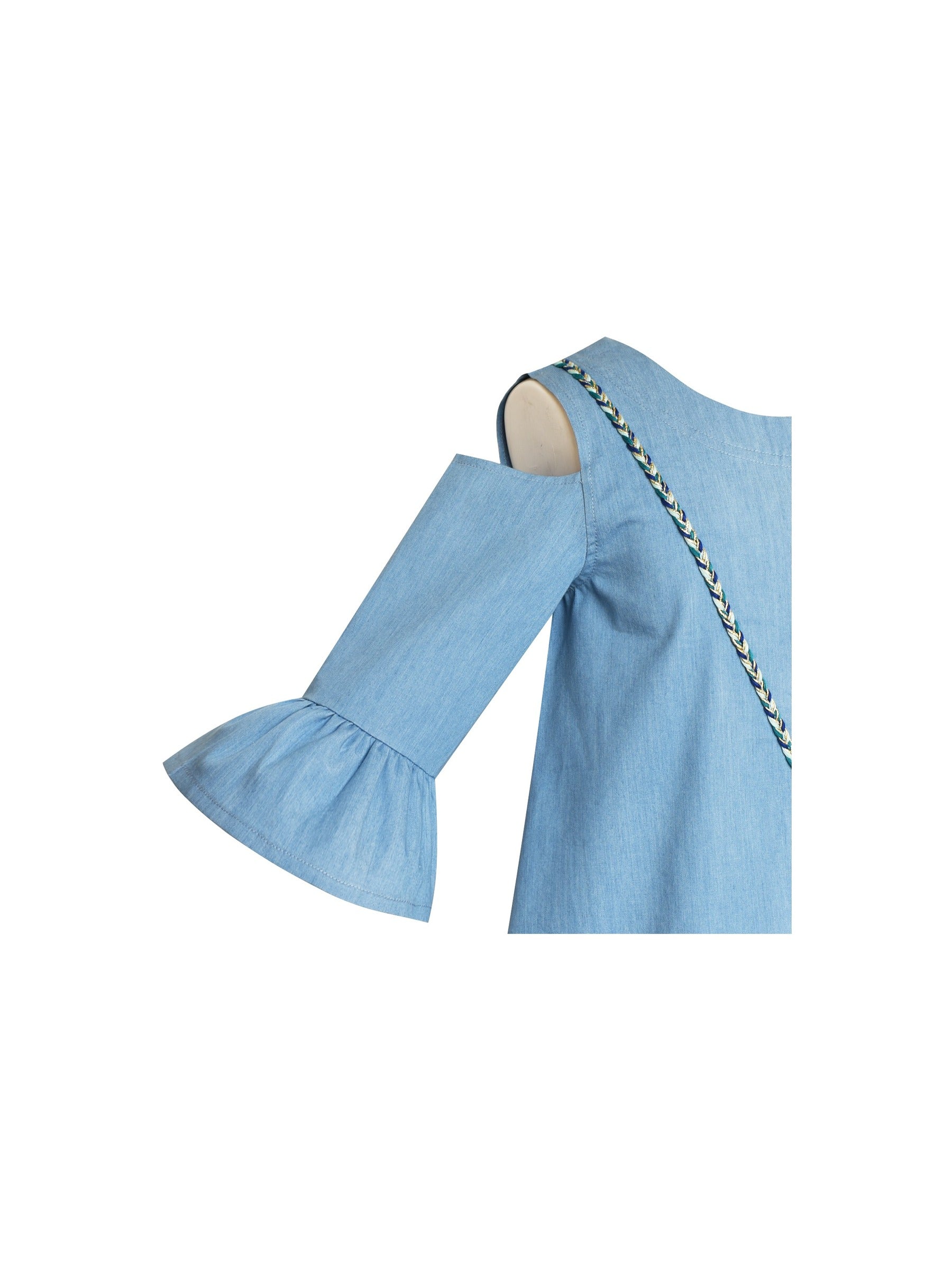 Girls Cold Shoulder Dress Denim Blue Cowboy 3/4 Sleeve Blue