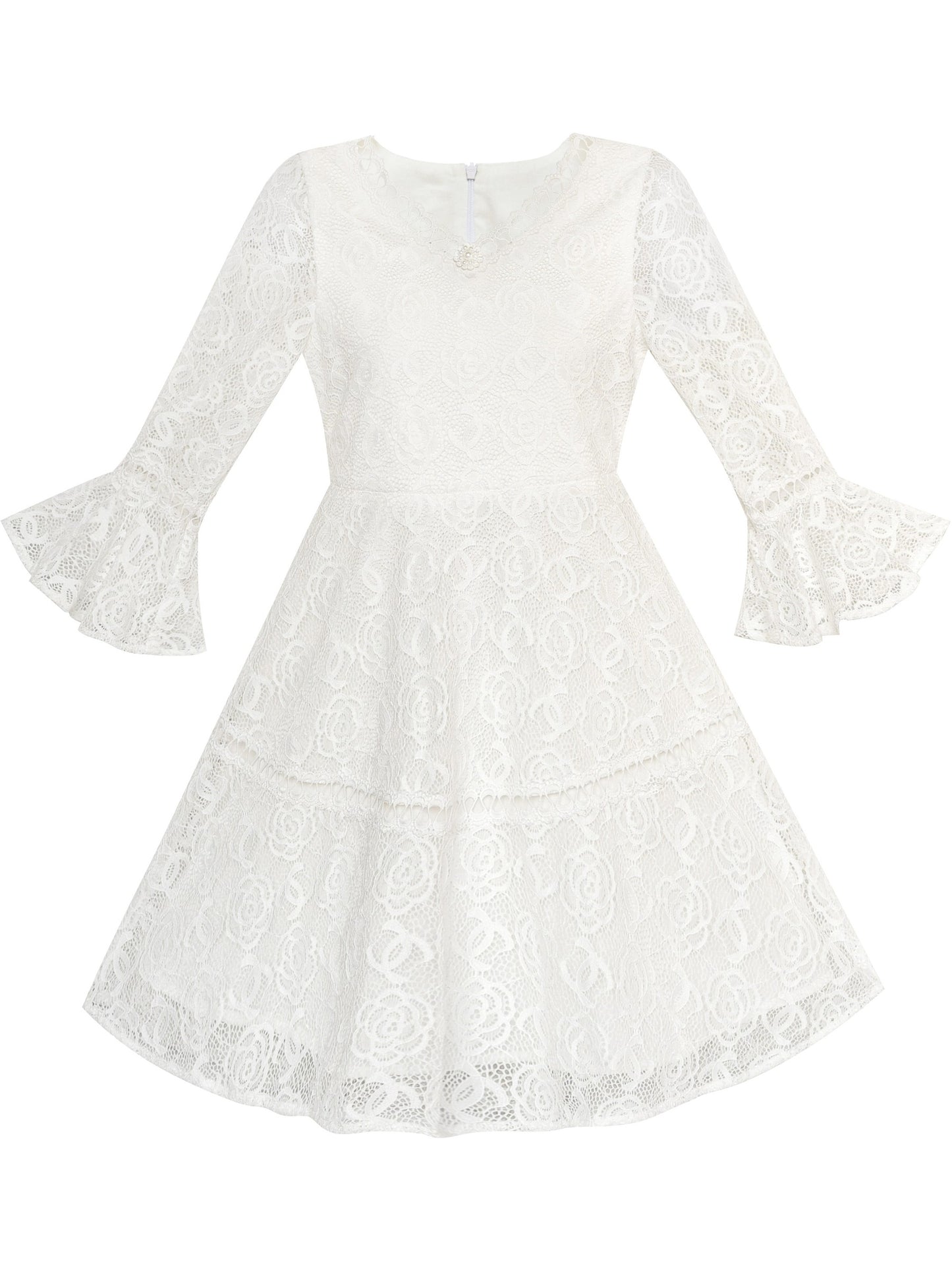 Girls Dress Red Lotus Sleeve Lace Princess Party Dress White