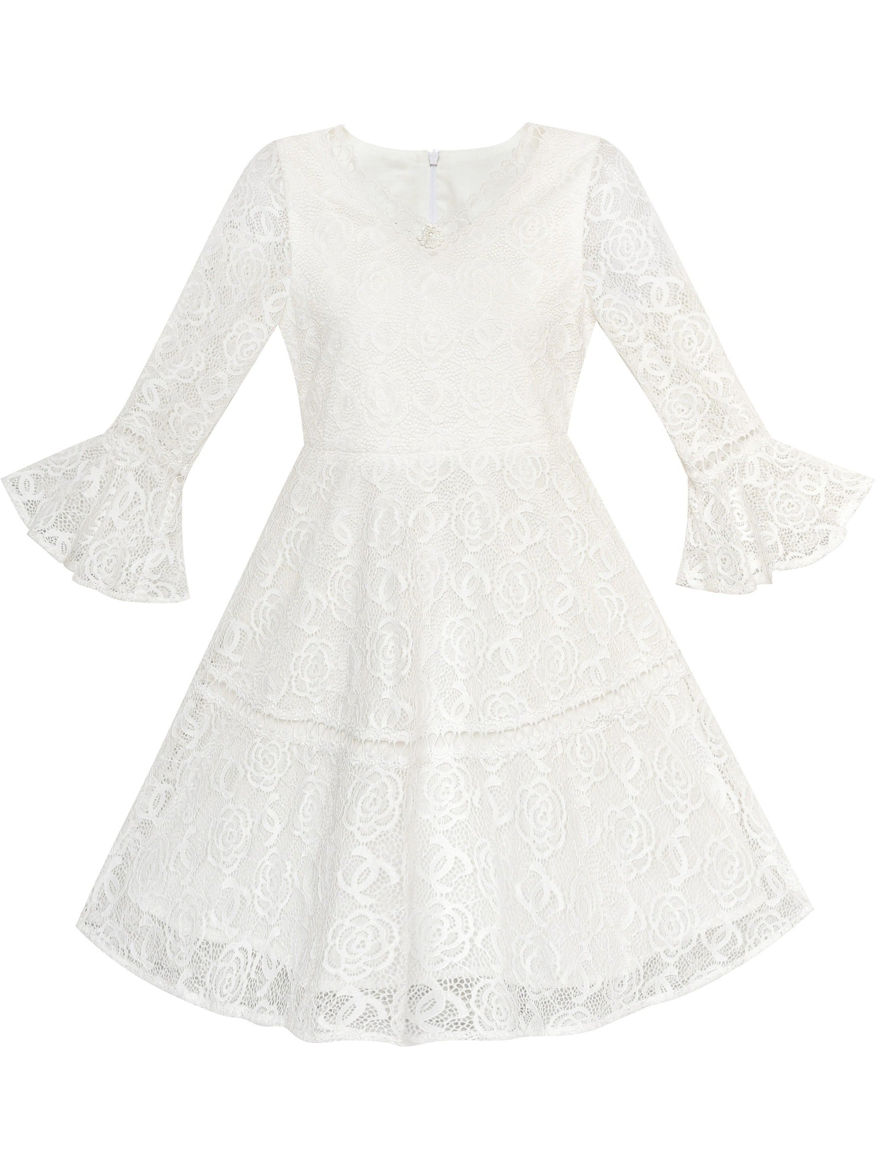 Girls Dress Red Lotus Sleeve Lace Princess Party Dress White