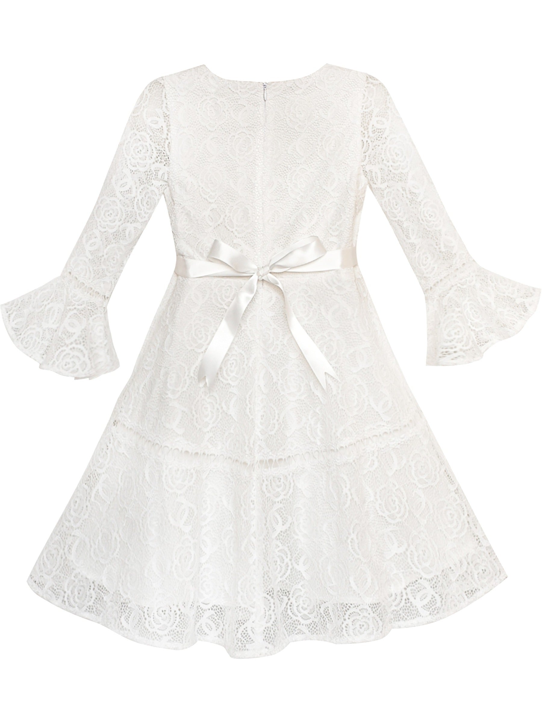 Girls Dress Red Lotus Sleeve Lace Princess Party Dress White