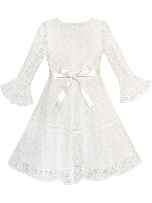 Girls Dress Red Lotus Sleeve Lace Princess Party Dress White
