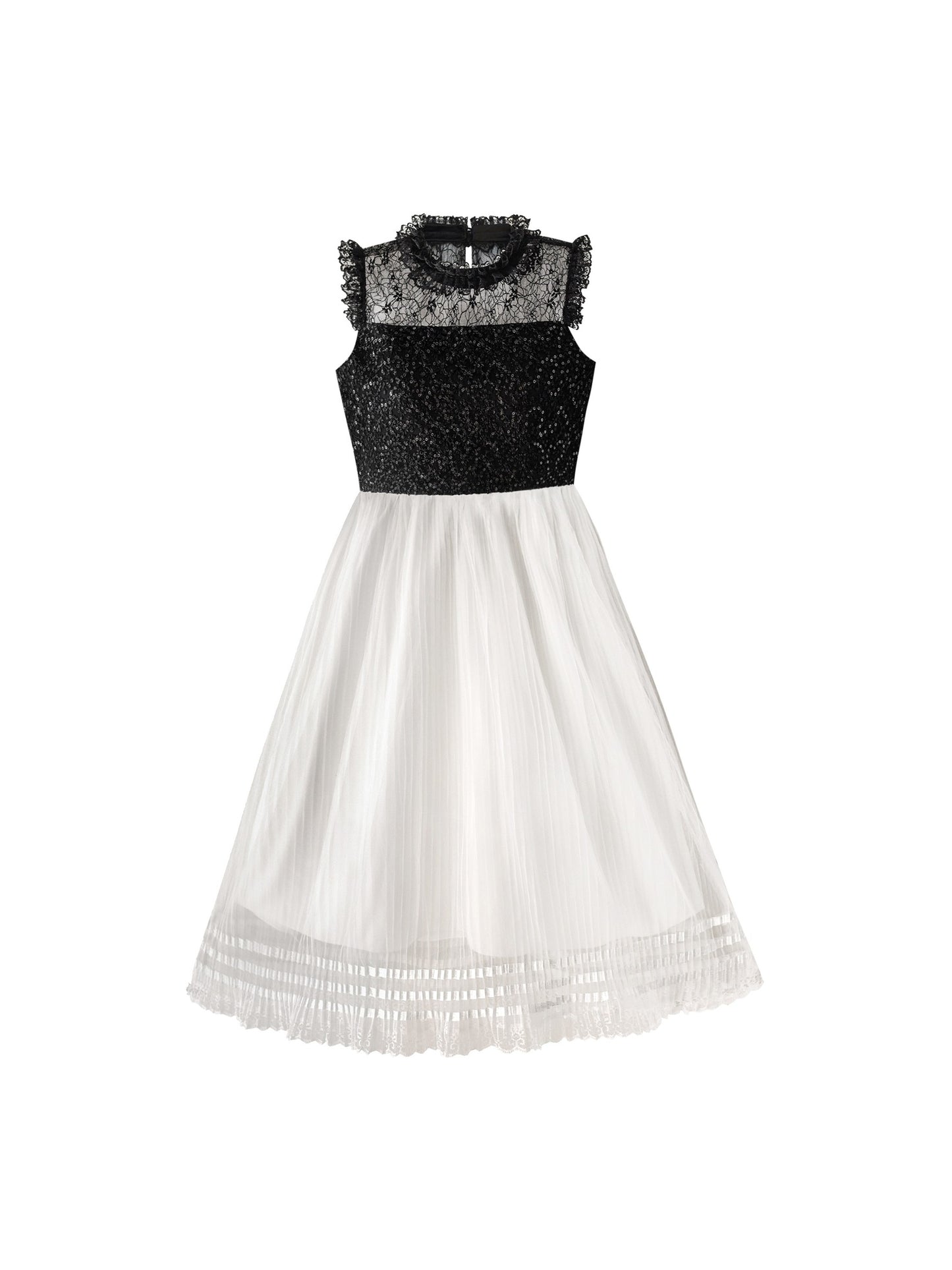 Girls Dress White and Black Pleated Skirt Lace Sequin White