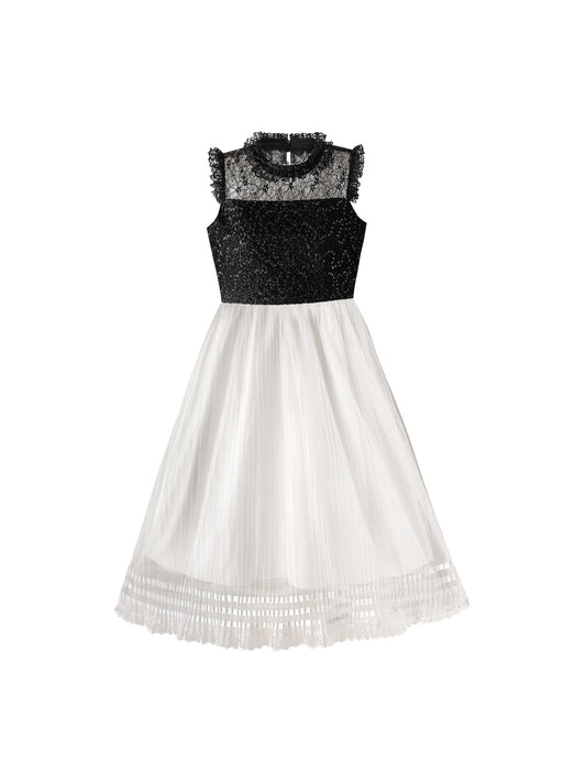Girls Dress White and Black Pleated Skirt Lace Sequin White