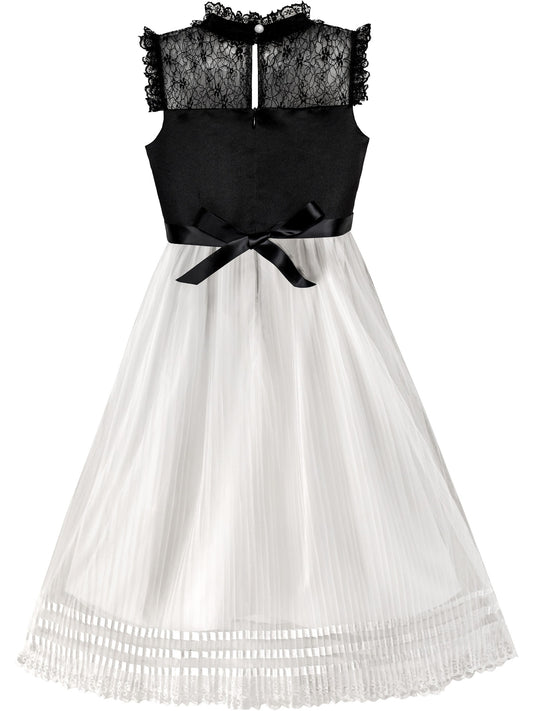 Girls Dress White and Black Pleated Skirt Lace Sequin White