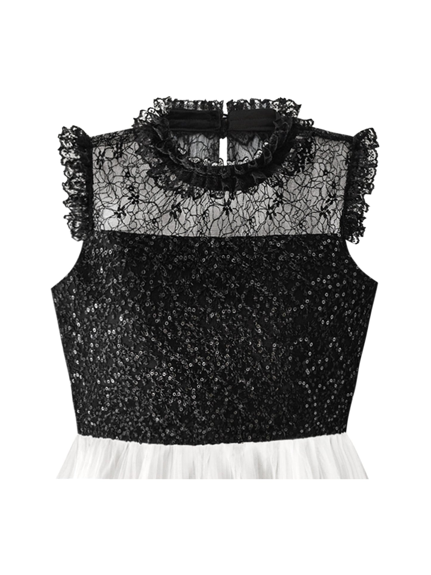 Girls Dress White and Black Pleated Skirt Lace Sequin White
