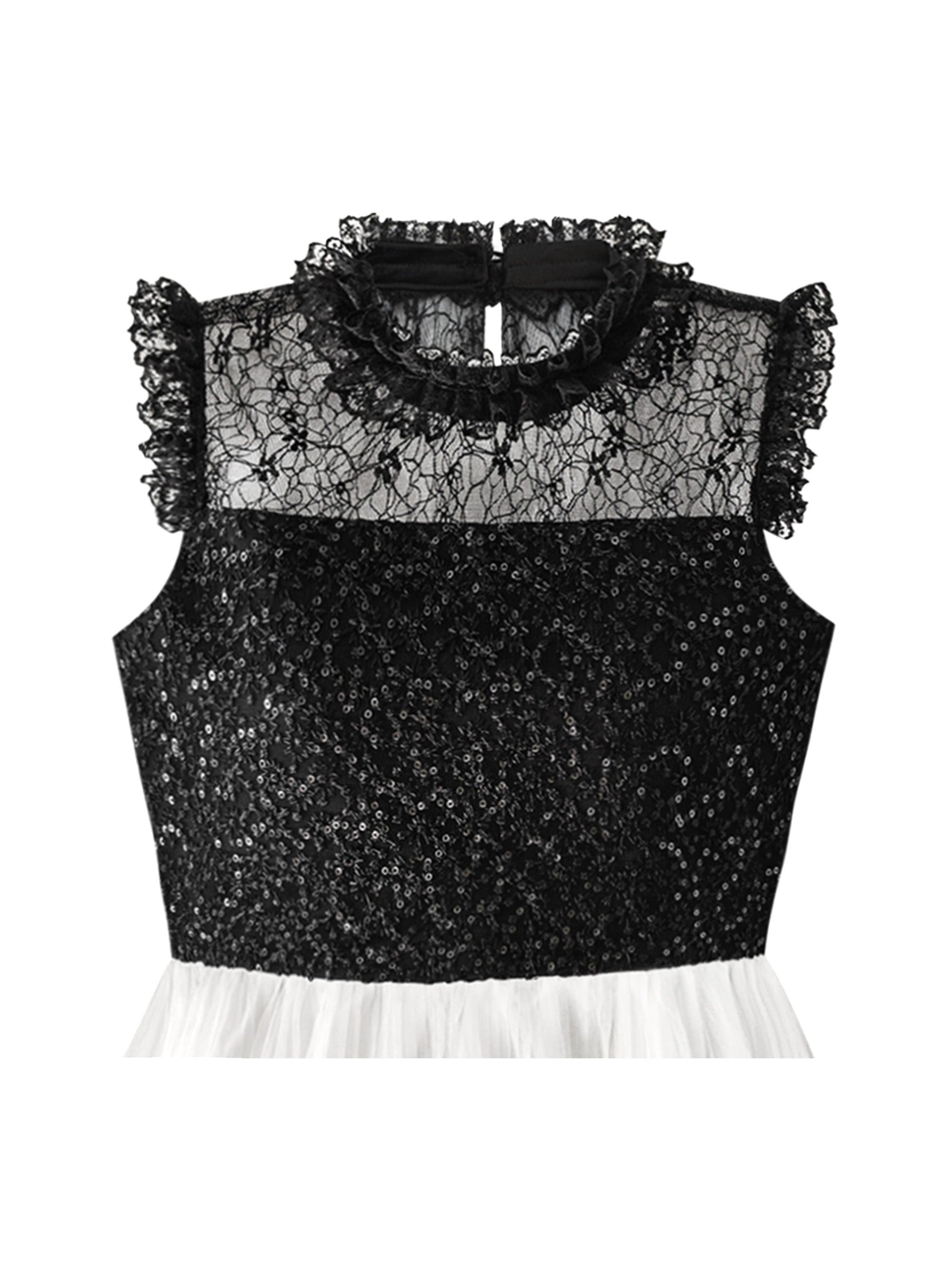 Girls Dress White and Black Pleated Skirt Lace Sequin White