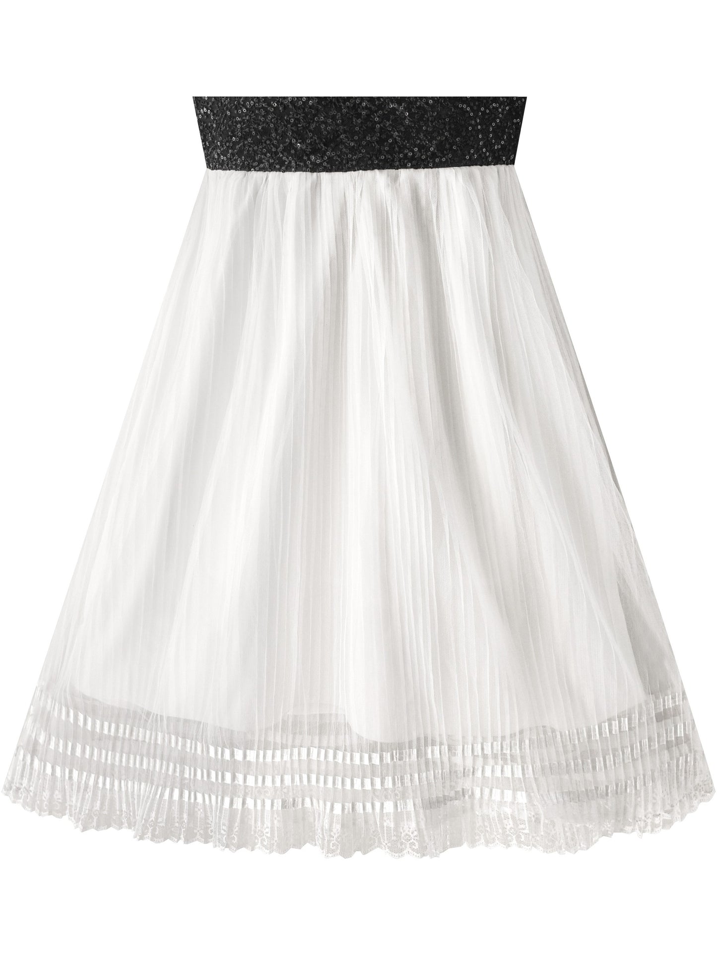 Girls Dress White and Black Pleated Skirt Lace Sequin White