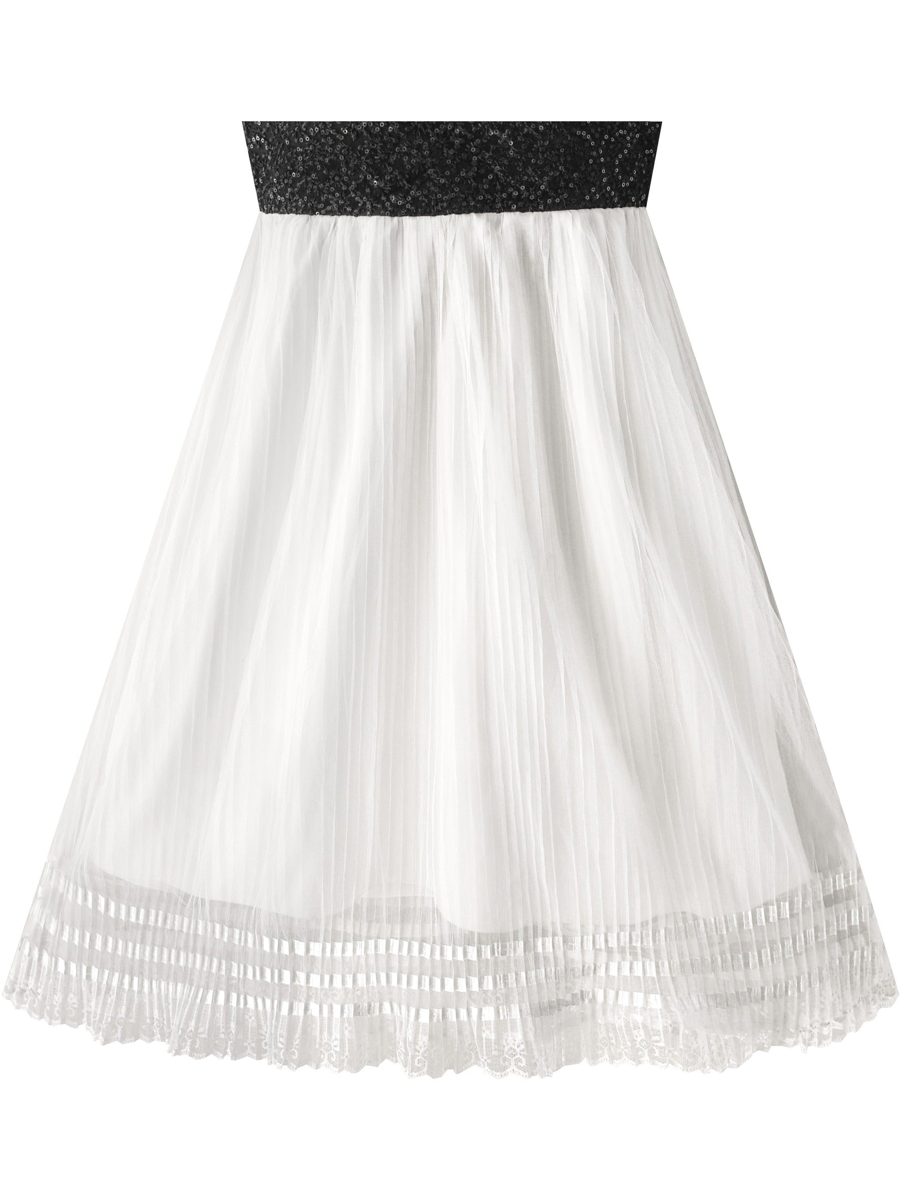 Girls Dress White and Black Pleated Skirt Lace Sequin White