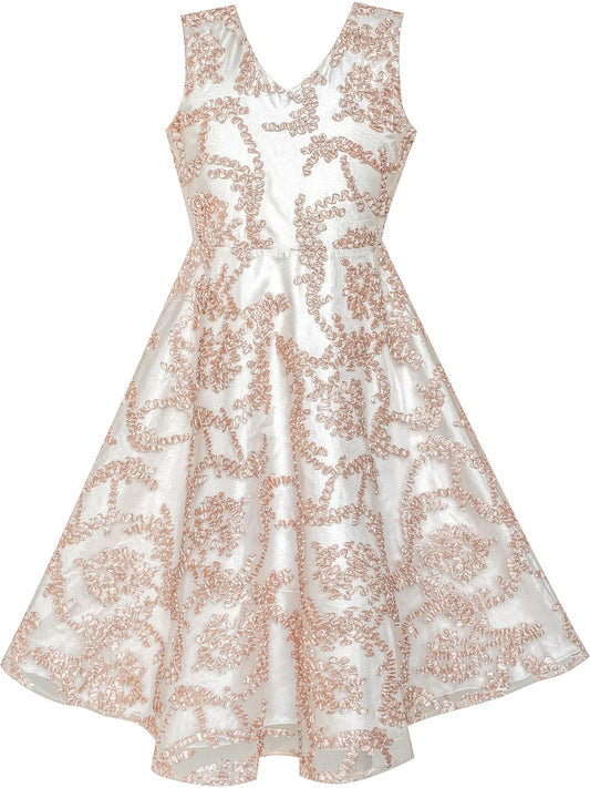 Girls Dress V neckline Embroidered Floral Champagne Beige