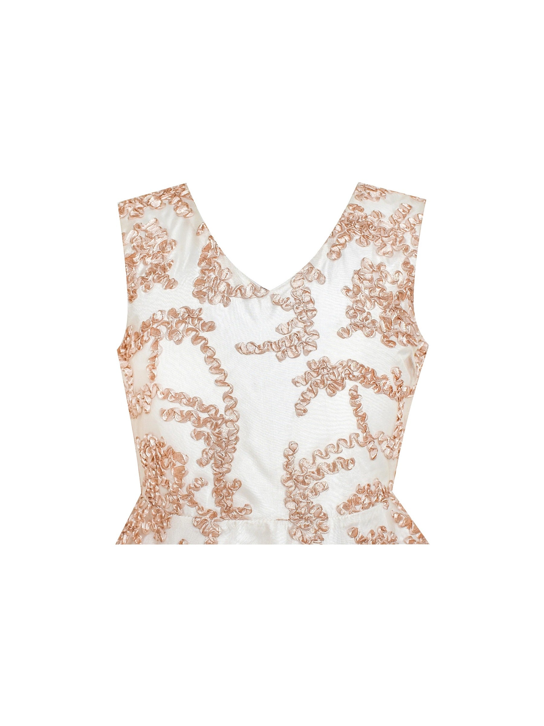 Girls Dress V neckline Embroidered Floral Champagne Beige