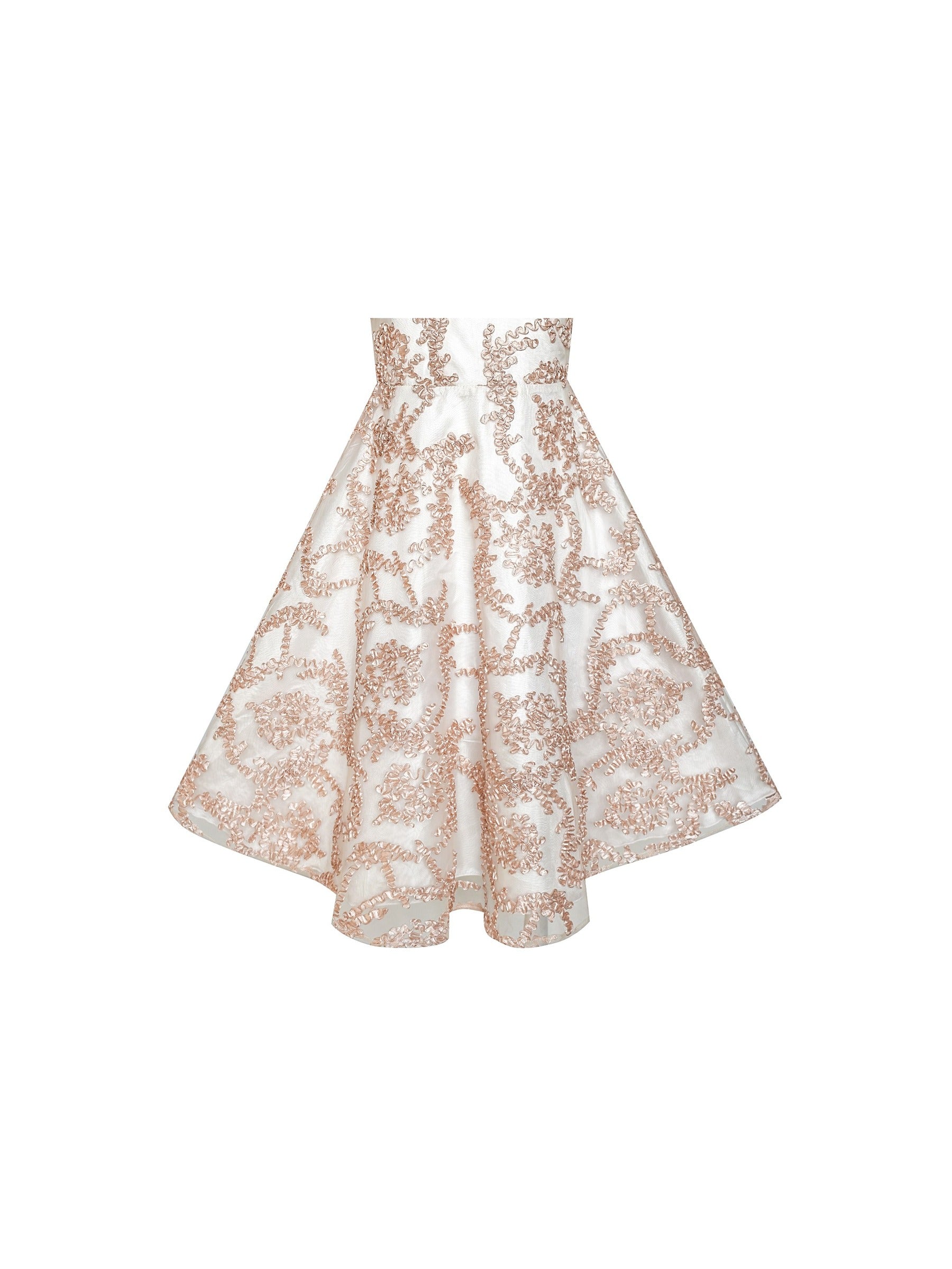 Girls Dress V neckline Embroidered Floral Champagne Beige