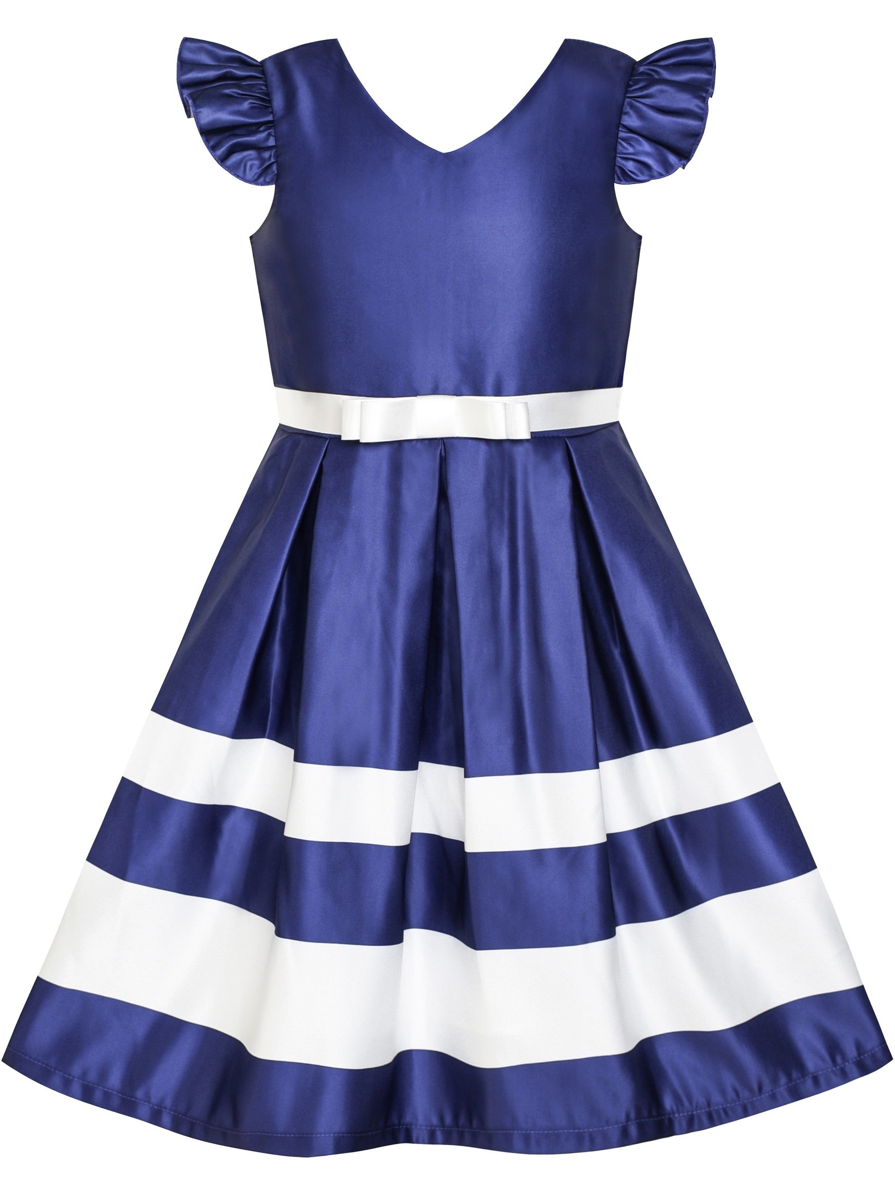 Girls Dress Black V-neckline Ribbon Color Contrast Blue