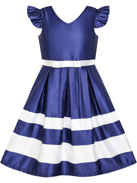 Girls Dress Black V-neckline Ribbon Color Contrast Blue