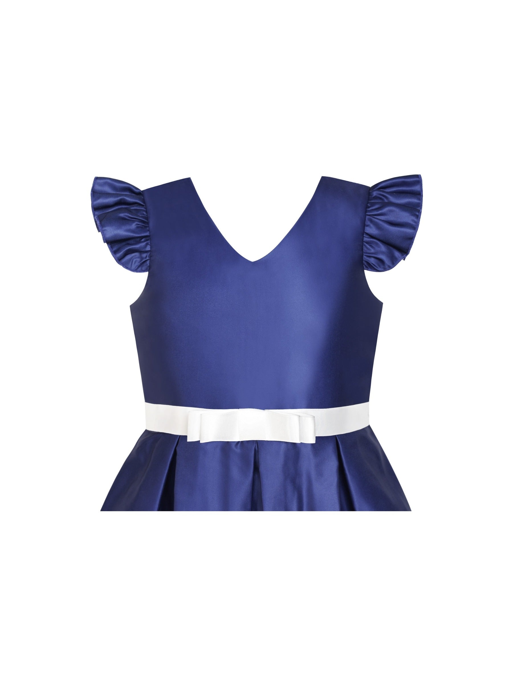 Girls Dress Black V-neckline Ribbon Color Contrast Blue