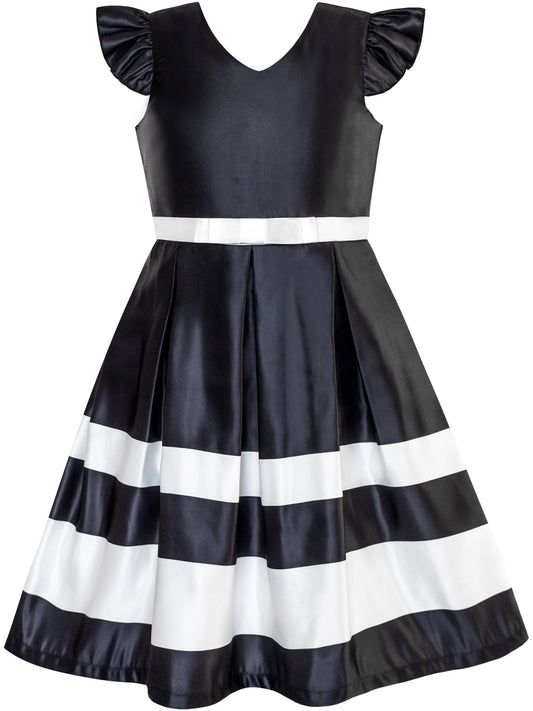 Girls Dress Black V-neckline Ribbon Color Contrast Black