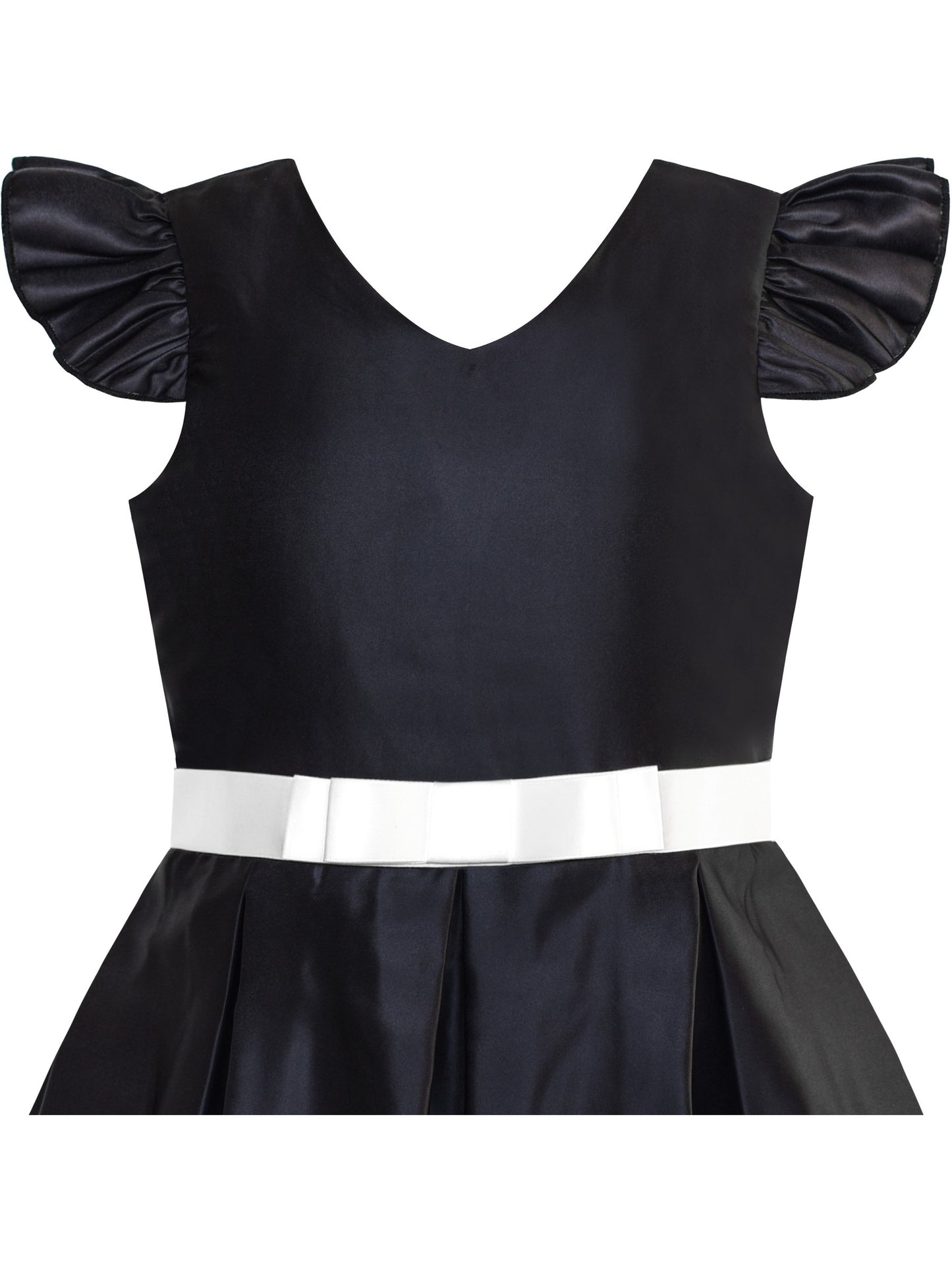 Girls Dress Black V-neckline Ribbon Color Contrast Black