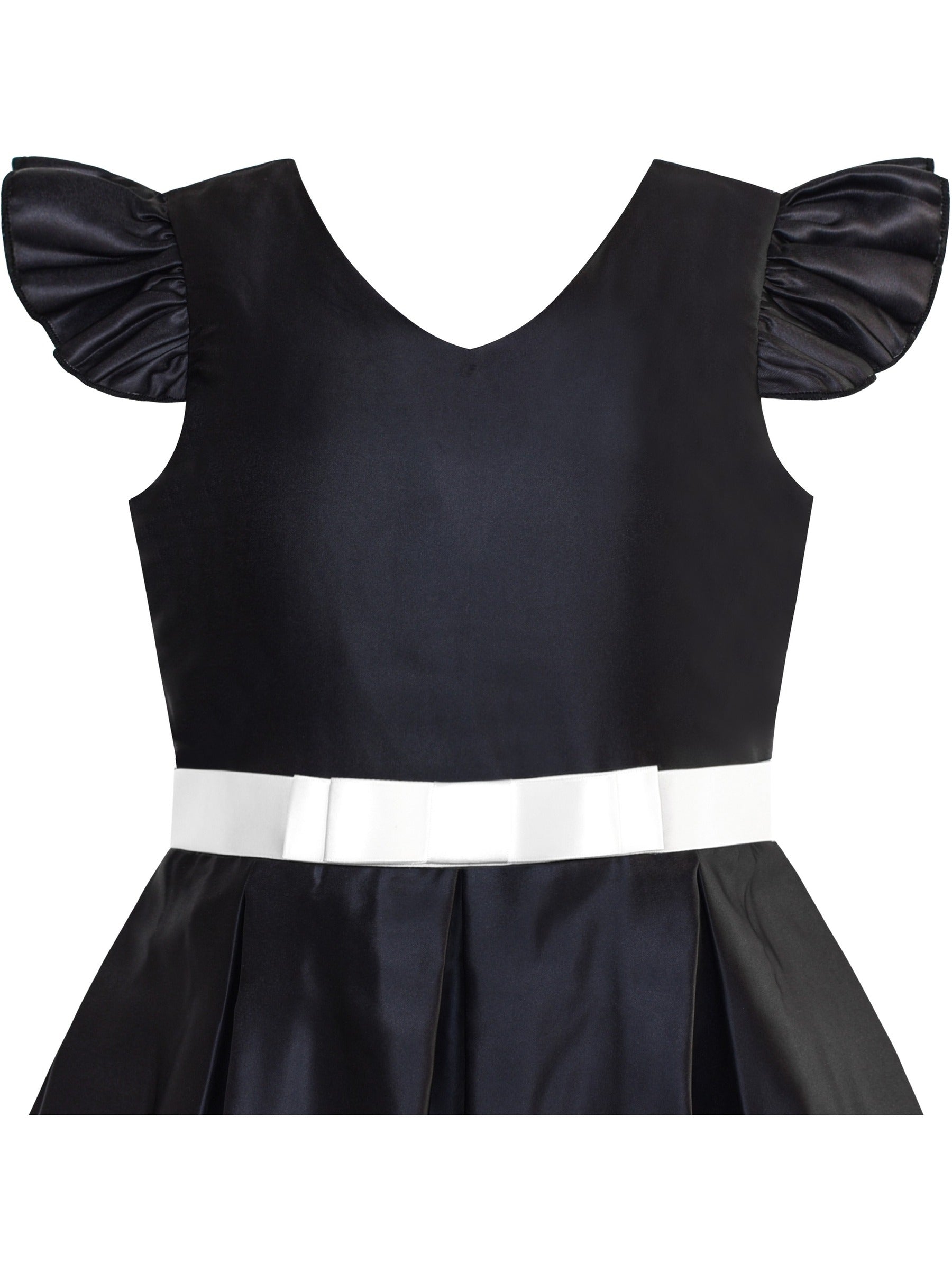 Girls Dress Black V-neckline Ribbon Color Contrast Black