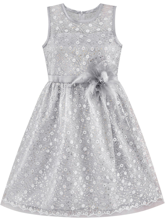 Flower Girl Dress Lace Sequin Flare Gray Wedding Party Gray