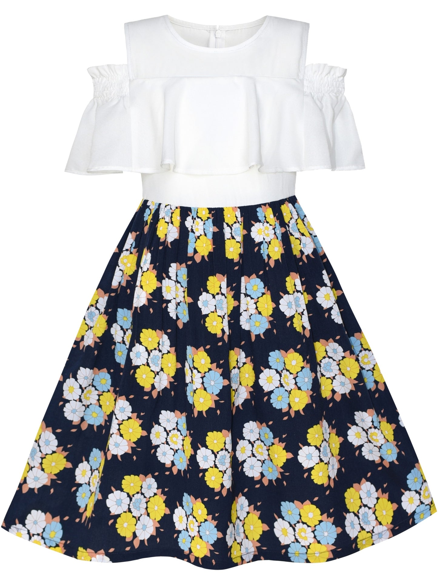 Girls Dress Chiffon Tulip Flower Ruffle Cold shoulder White Pink Blue