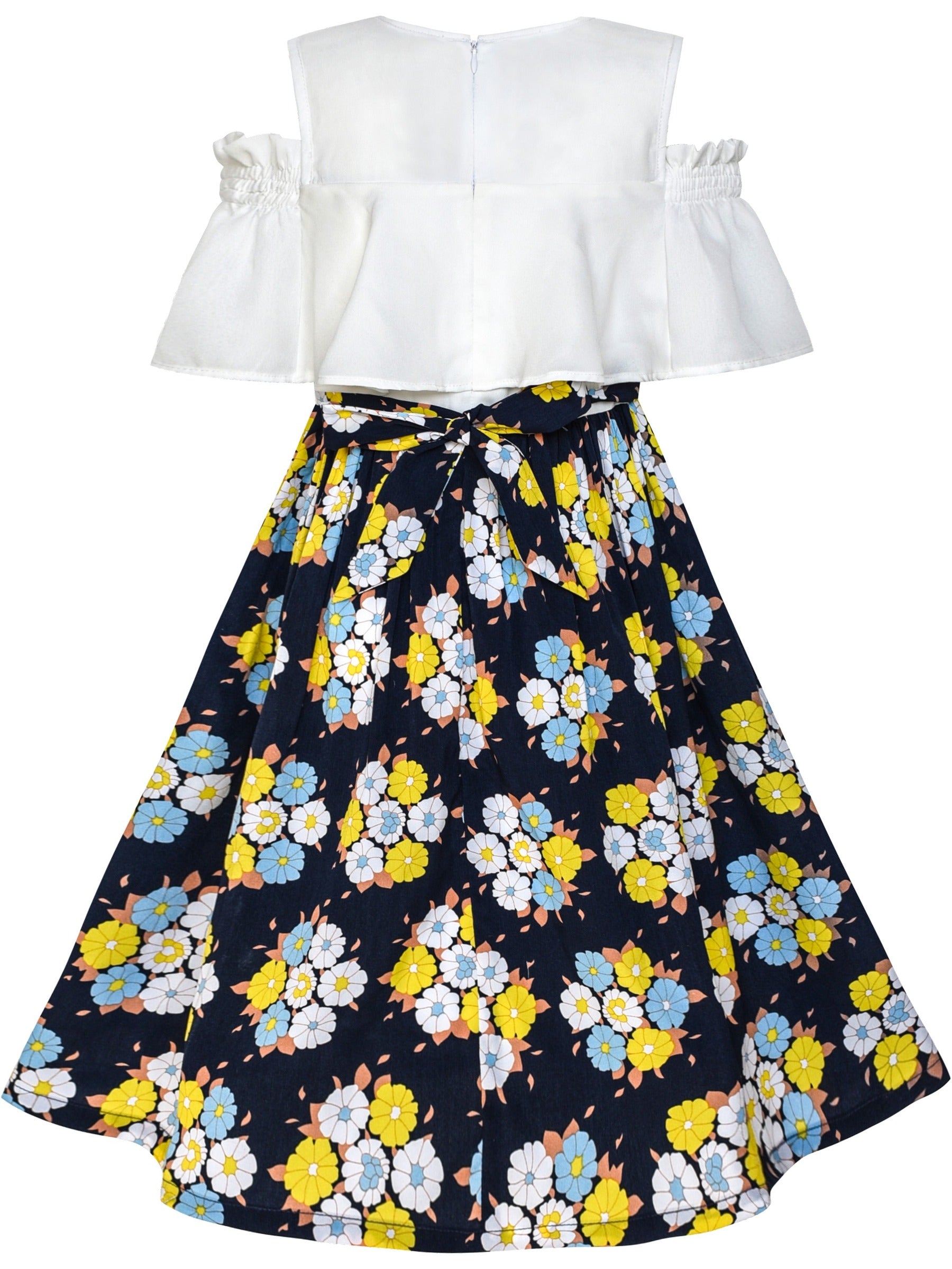 Girls Dress Chiffon Tulip Flower Ruffle Cold shoulder White Pink Blue