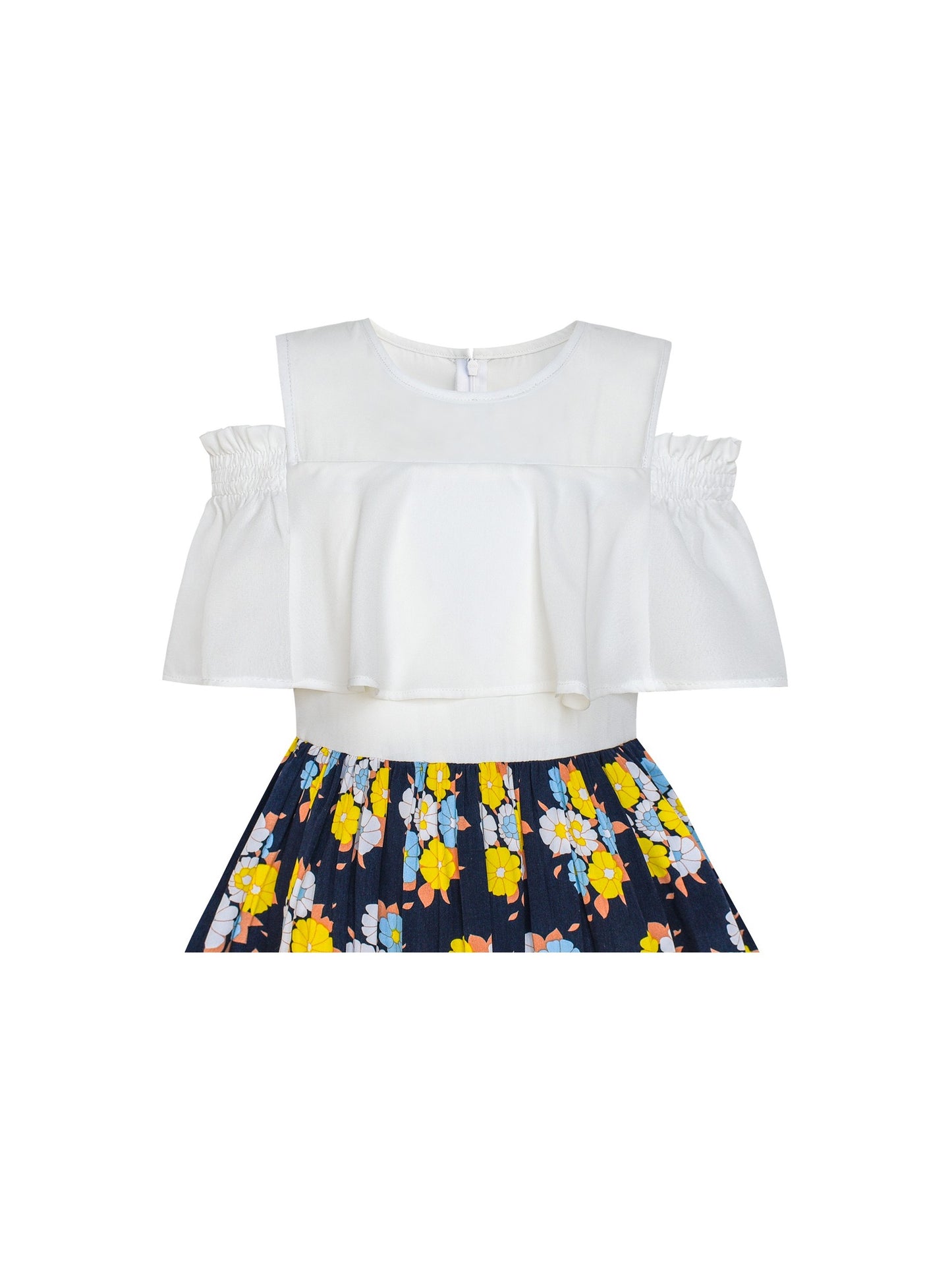 Girls Dress Chiffon Tulip Flower Ruffle Cold shoulder White Pink Blue