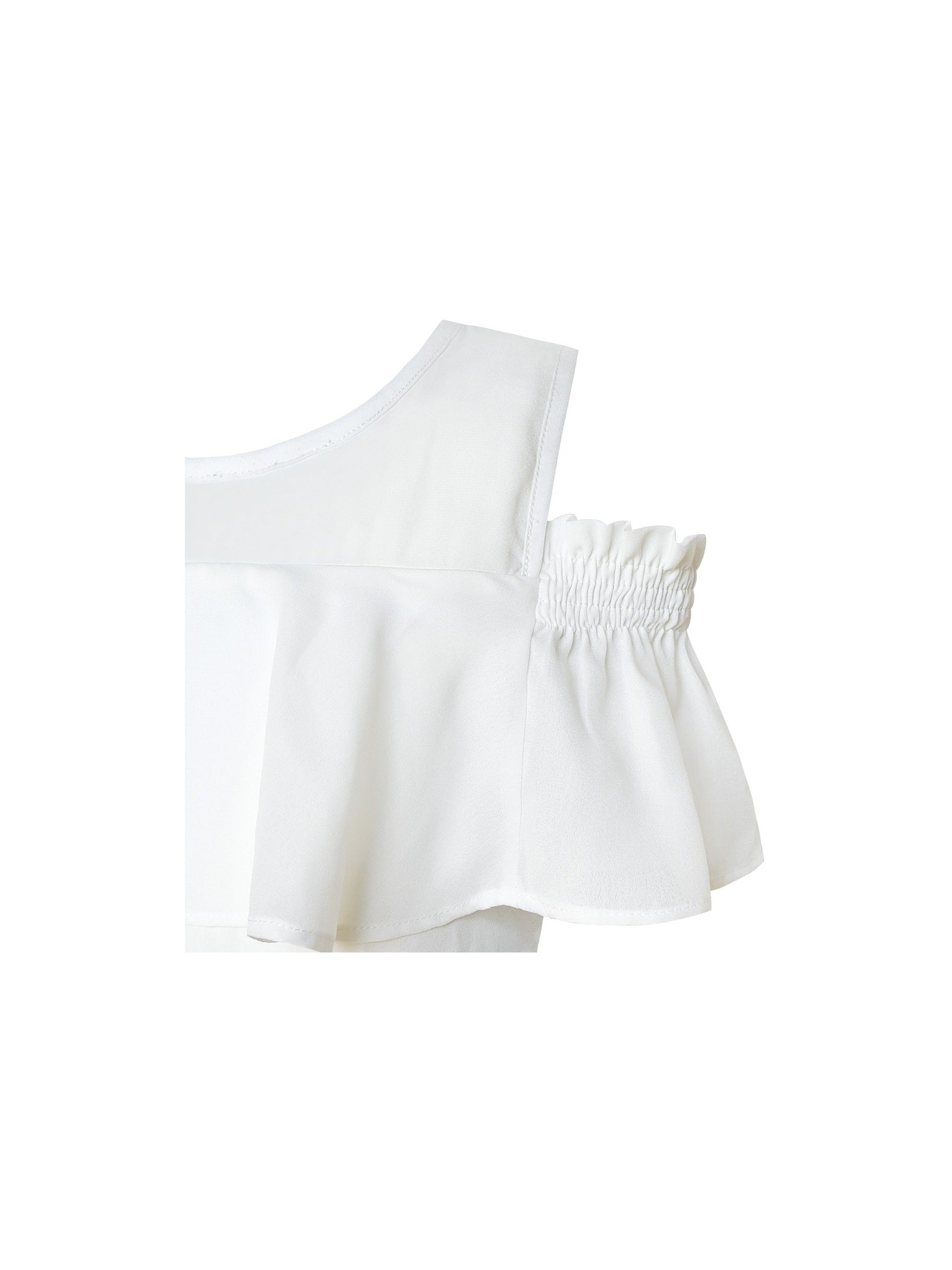 Girls Dress Chiffon Tulip Flower Ruffle Cold shoulder White Pink Blue