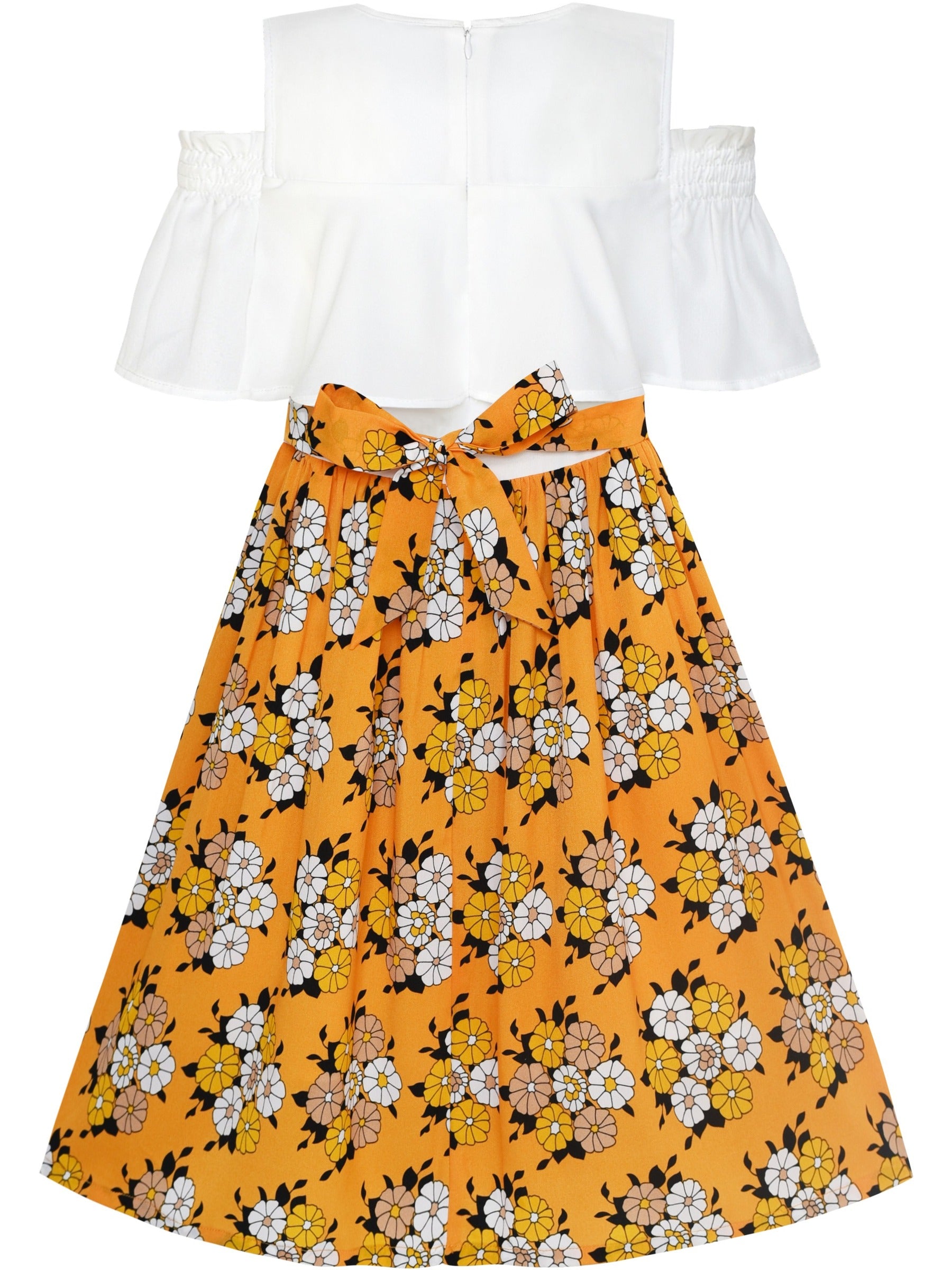 Girls Dress Chiffon Tulip Flower Ruffle Cold shoulder White Pink Yellow