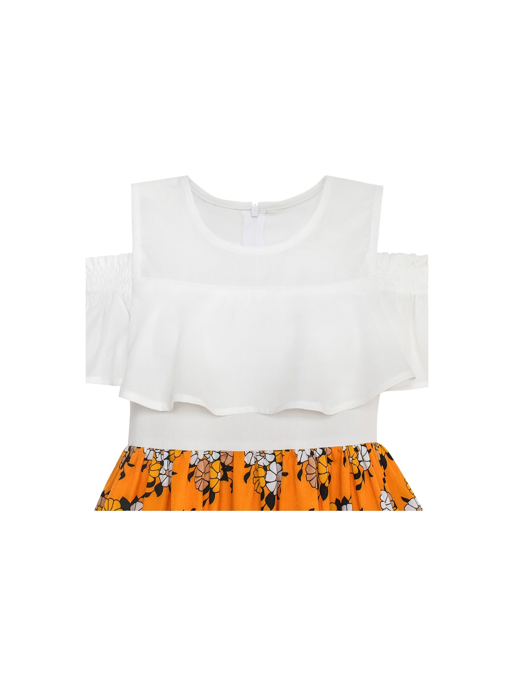 Girls Dress Chiffon Tulip Flower Ruffle Cold shoulder White Pink Yellow