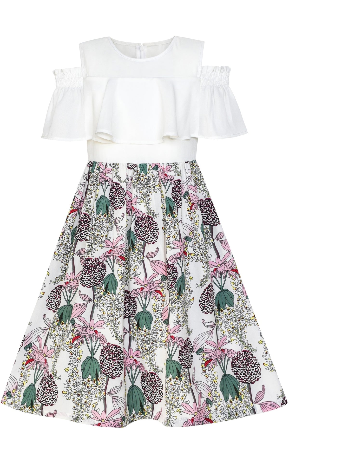 Girls Dress Chiffon Tulip Flower Ruffle Cold shoulder White Pink Multi-Color