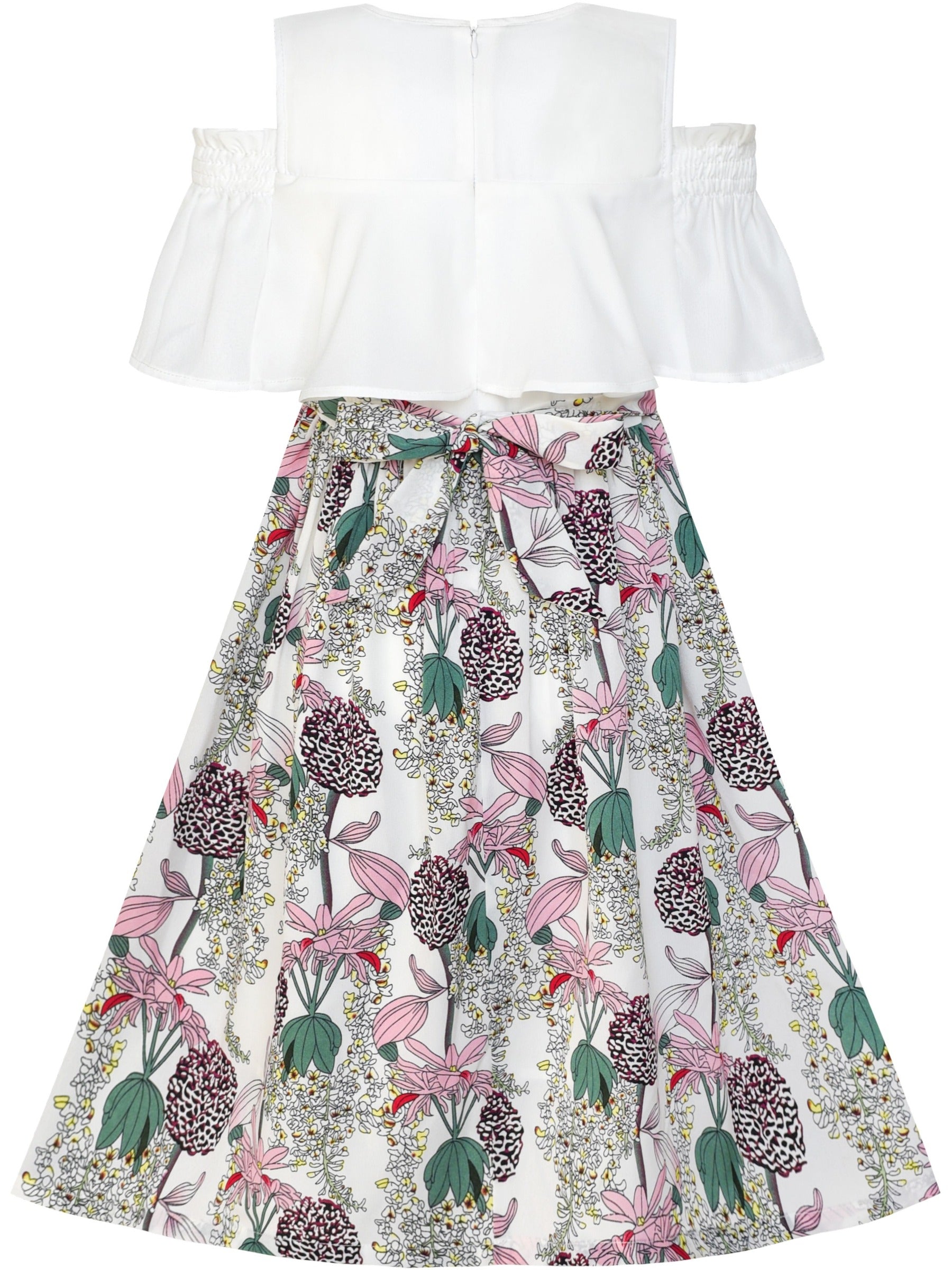 Girls Dress Chiffon Tulip Flower Ruffle Cold shoulder White Pink Multi-Color