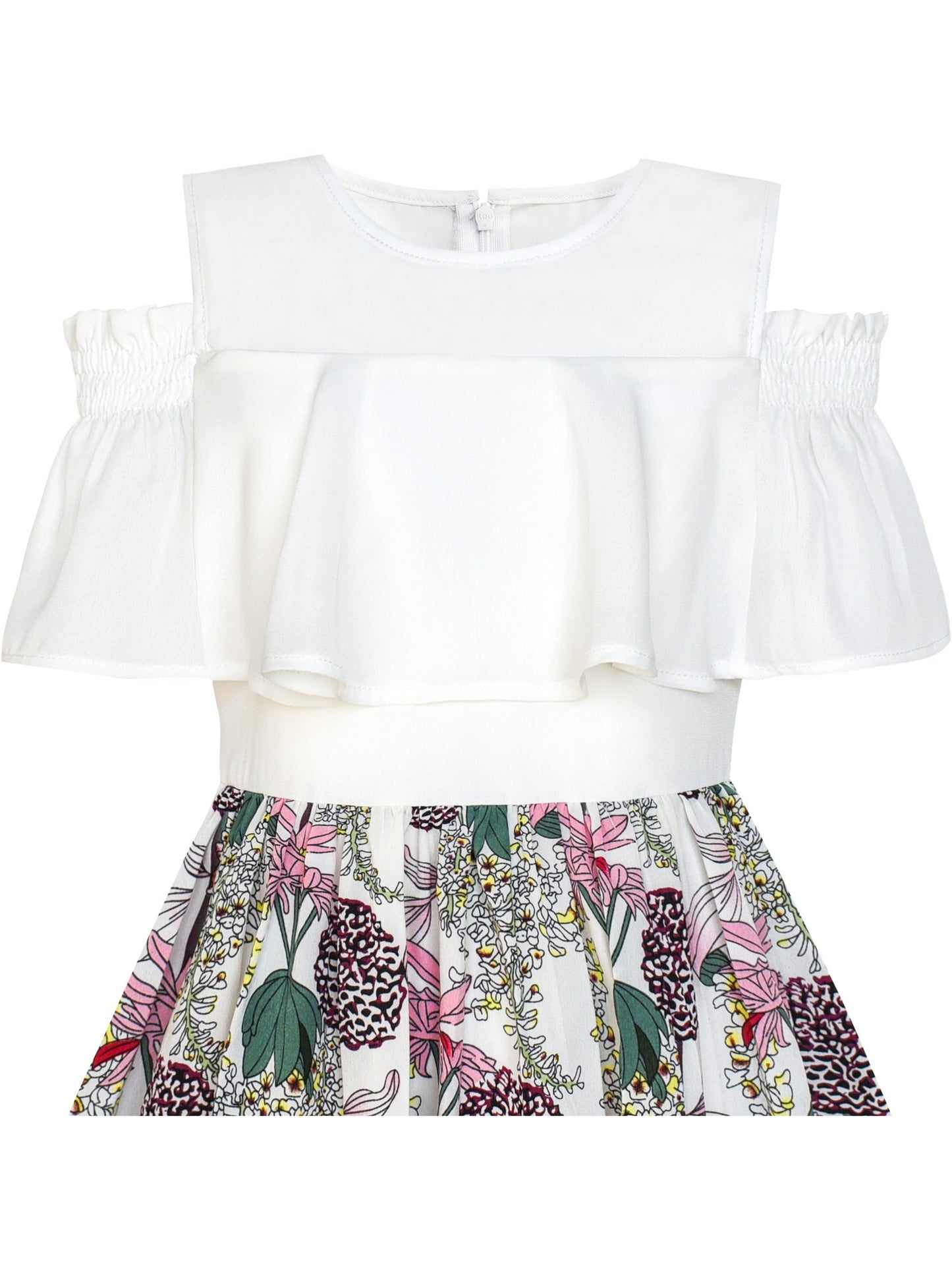 Girls Dress Chiffon Tulip Flower Ruffle Cold shoulder White Pink Multi-Color