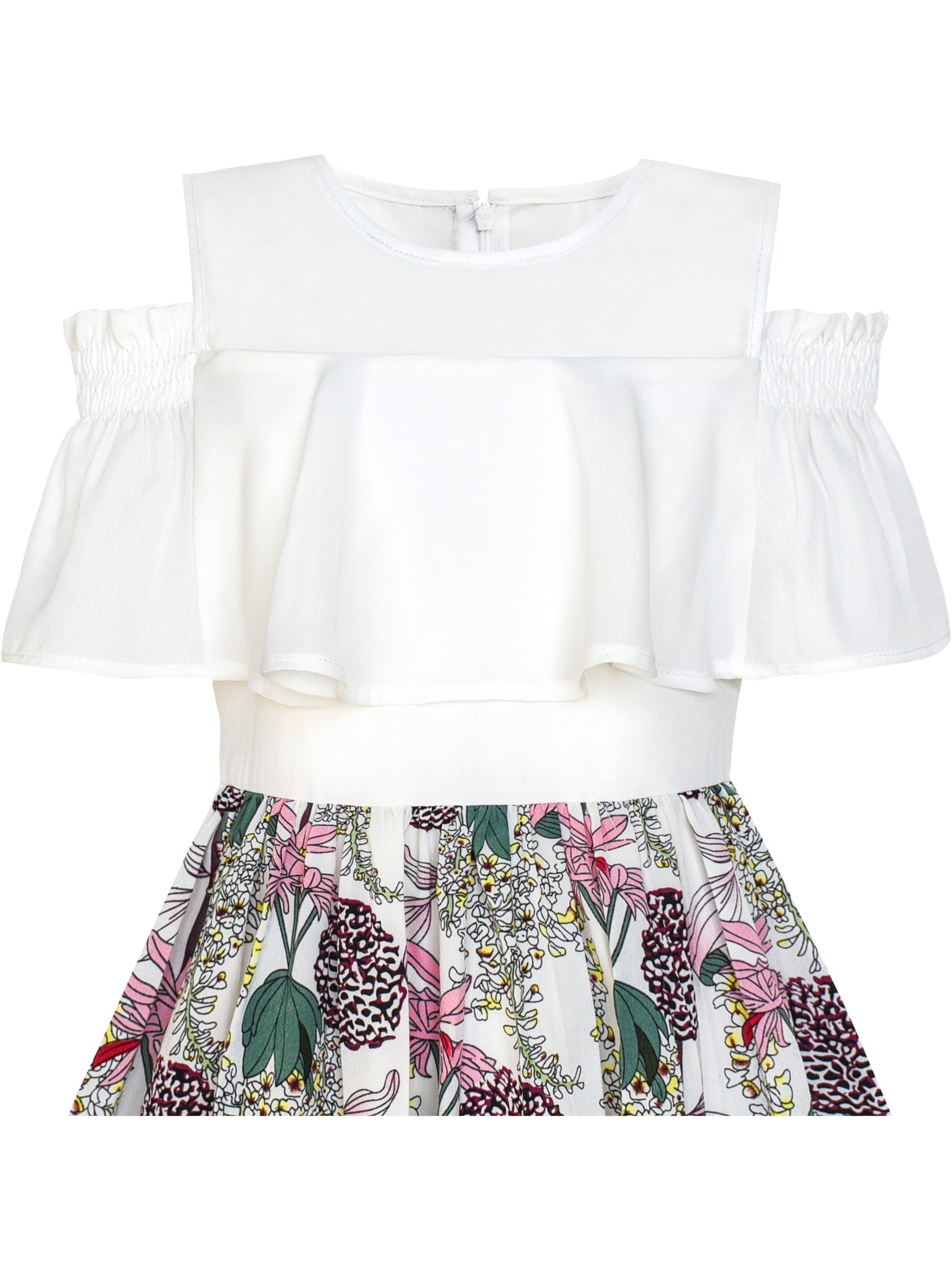Girls Dress Chiffon Tulip Flower Ruffle Cold shoulder White Pink Multi-Color