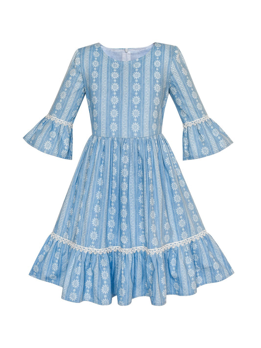 Girls Dress Denim Blue Bell Sleeve Ruffled Skirt Easter Dress Blue