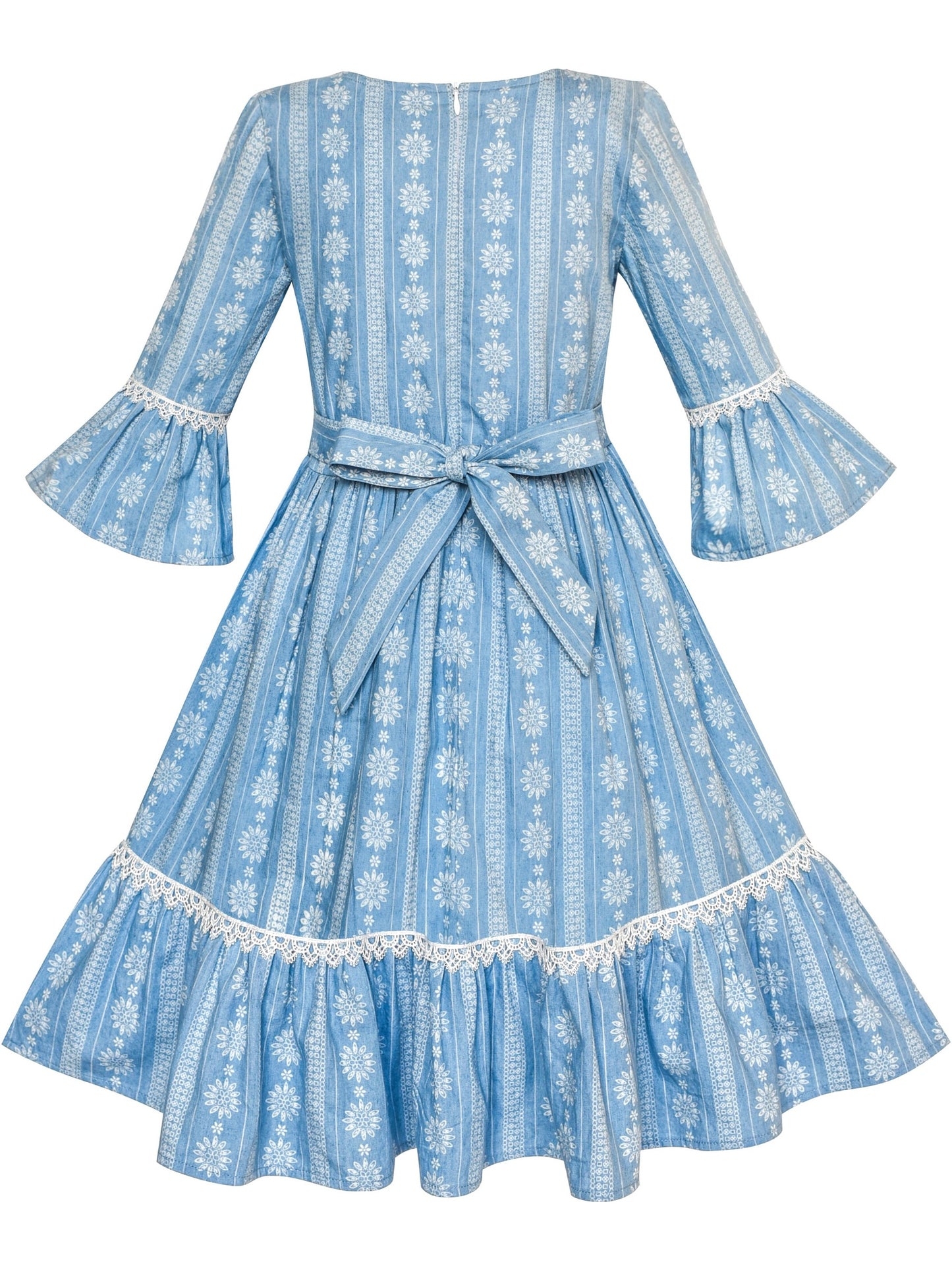 Girls Dress Denim Blue Bell Sleeve Ruffled Skirt Easter Dress Blue