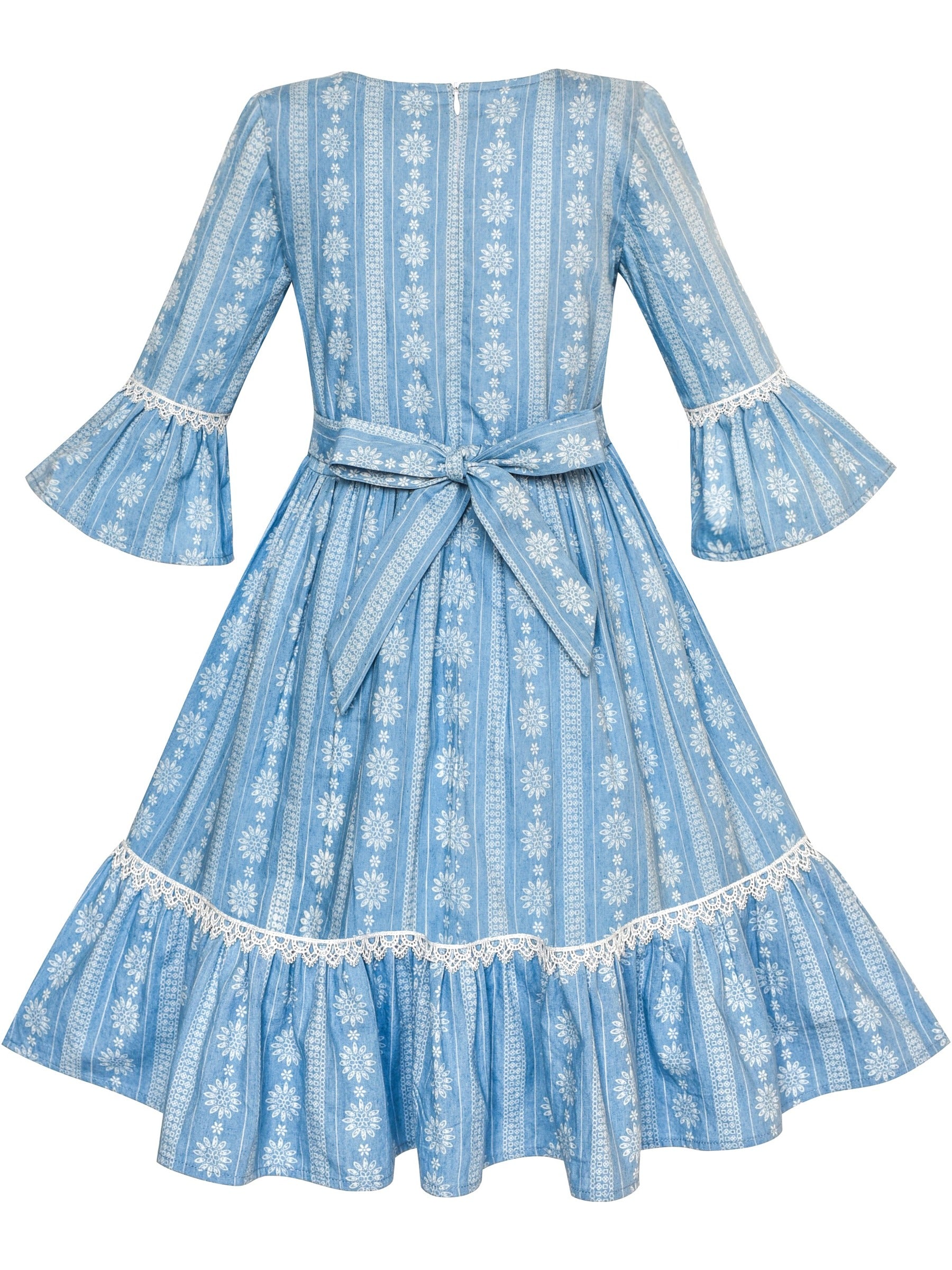 Girls Dress Denim Blue Bell Sleeve Ruffled Skirt Easter Dress Blue