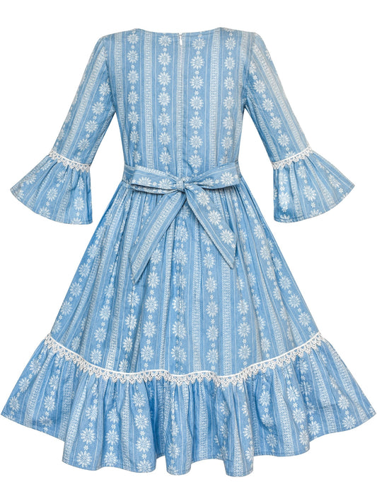 Girls Dress Denim Blue Bell Sleeve Ruffled Skirt Easter Dress Blue