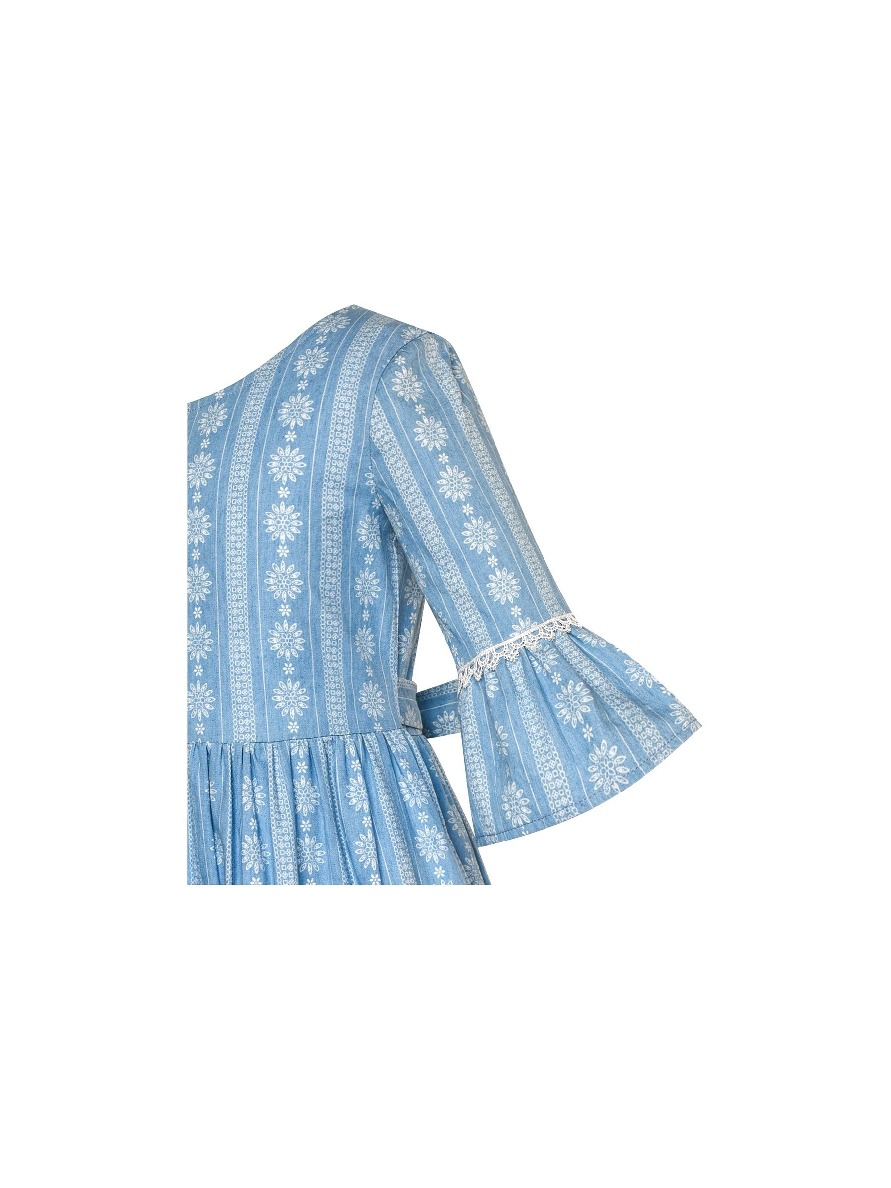 Girls Dress Denim Blue Bell Sleeve Ruffled Skirt Easter Dress Blue