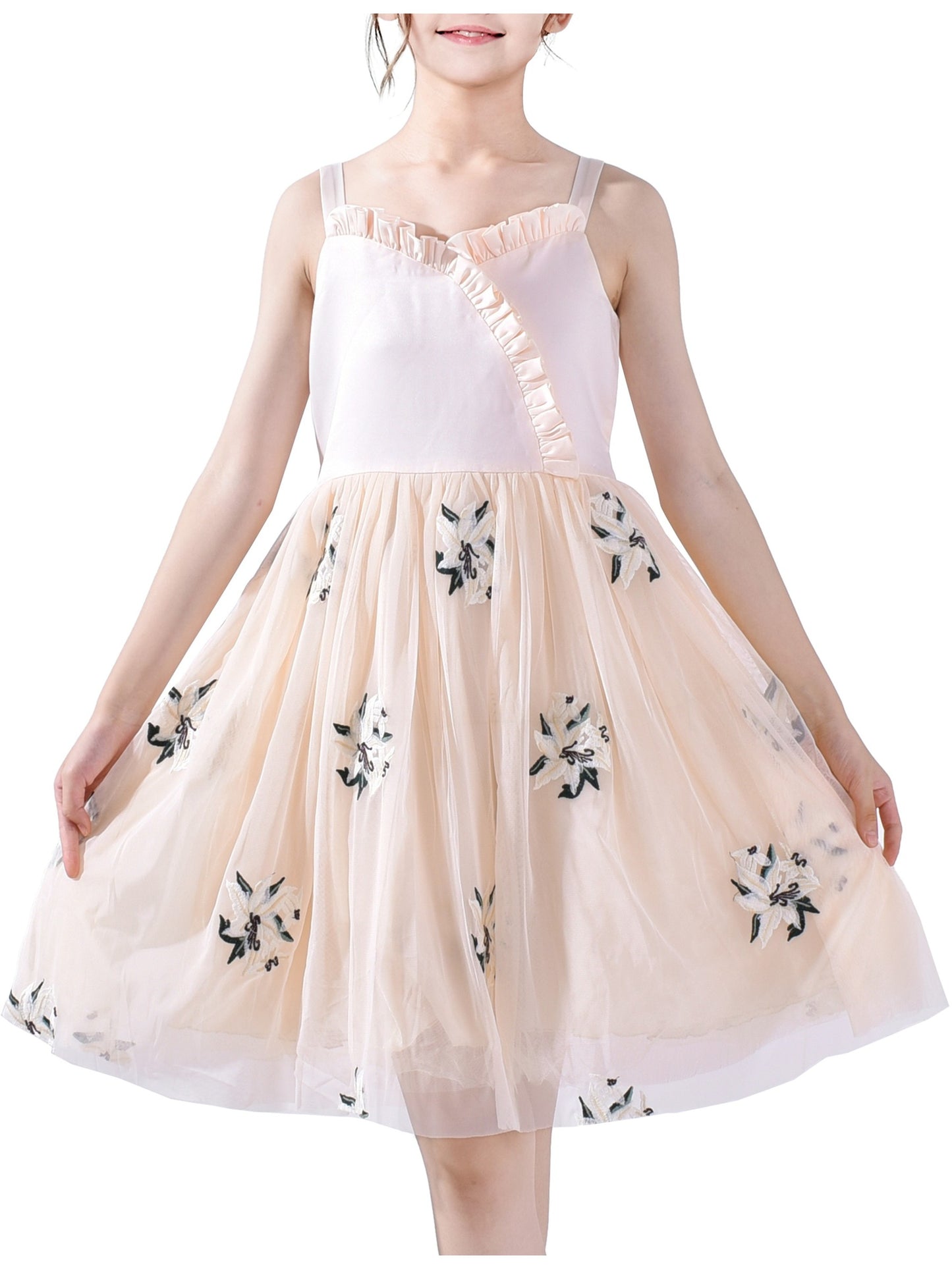 Girls Dress White Pleated Tank Bridesmaid Wedding Flower Girl Kids Beige
