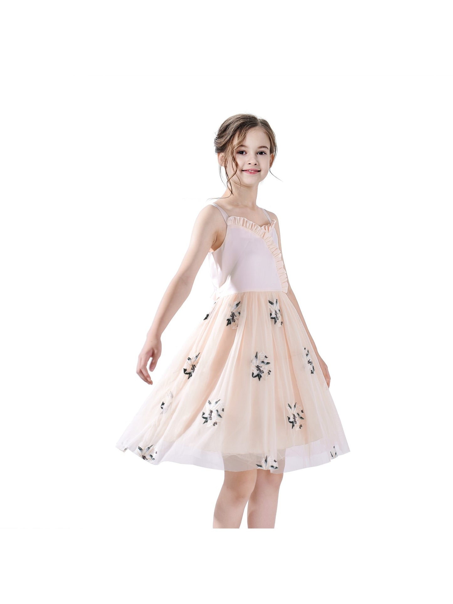 Girls Dress White Pleated Tank Bridesmaid Wedding Flower Girl Kids Beige