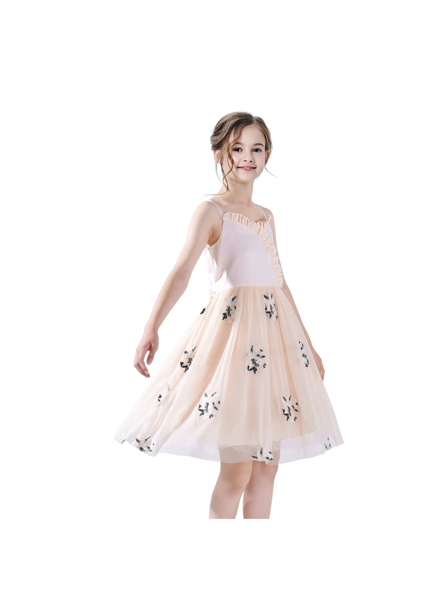 Girls Dress White Pleated Tank Bridesmaid Wedding Flower Girl Kids Beige
