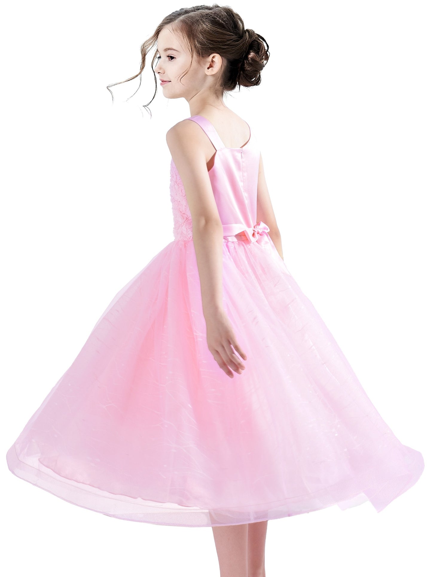 Girls Dress One Shoulder Rose Flower Dancing Ball Gown Pink