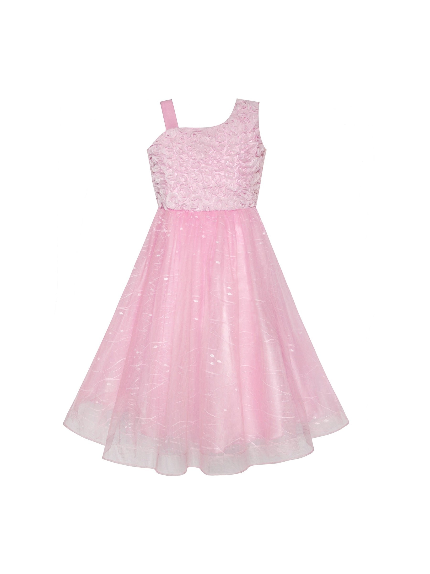 Girls Dress One Shoulder Rose Flower Dancing Ball Gown Pink