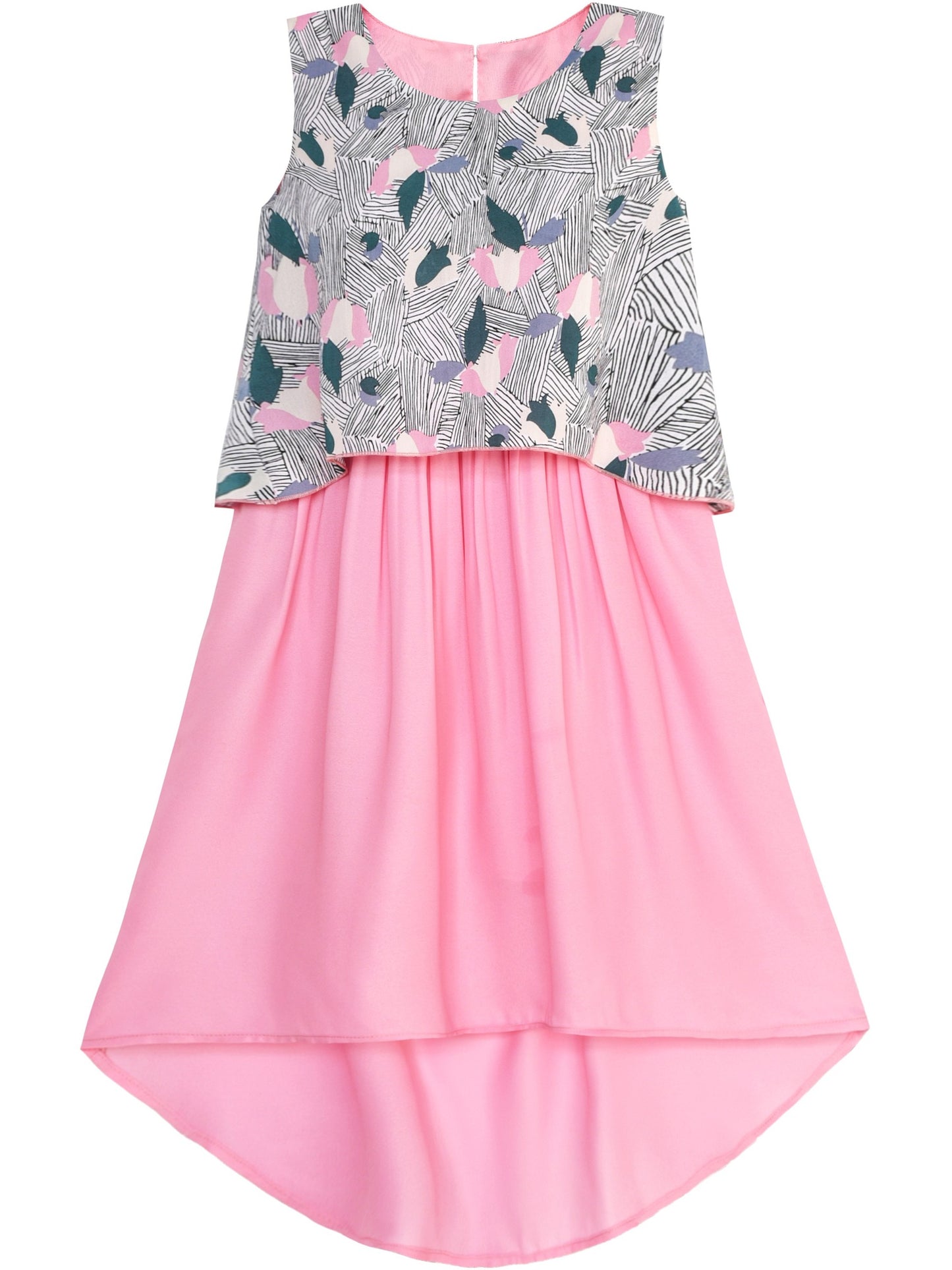 Girls Dress Turn-Down Collar Flower Chiffon Party Black Pink