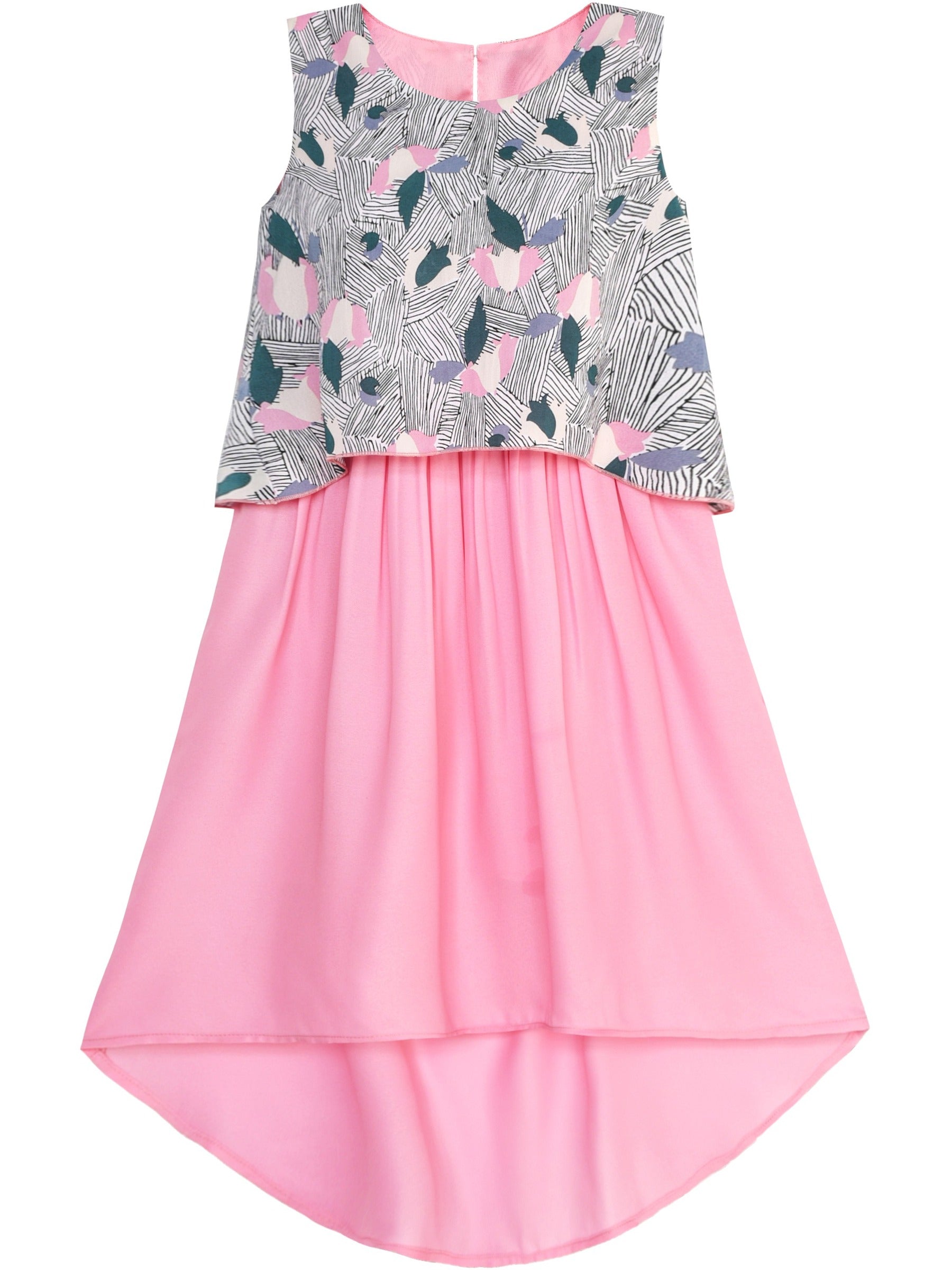 Girls Dress Turn-Down Collar Flower Chiffon Party Black Pink