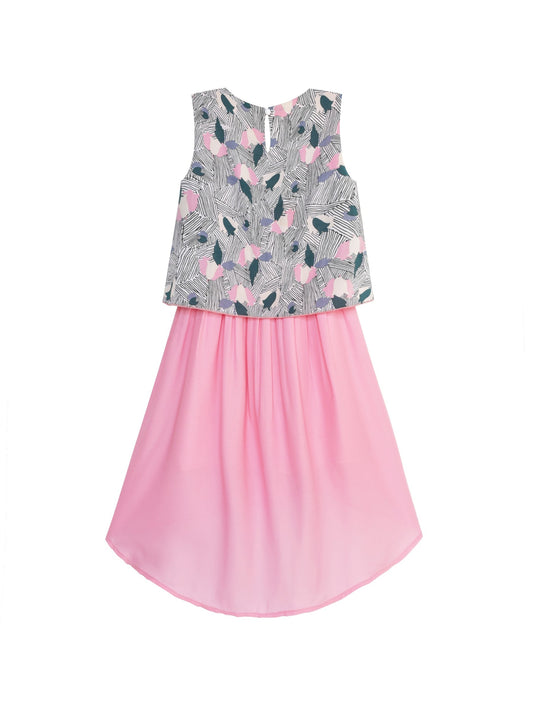 Girls Dress Turn-Down Collar Flower Chiffon Party Black Pink